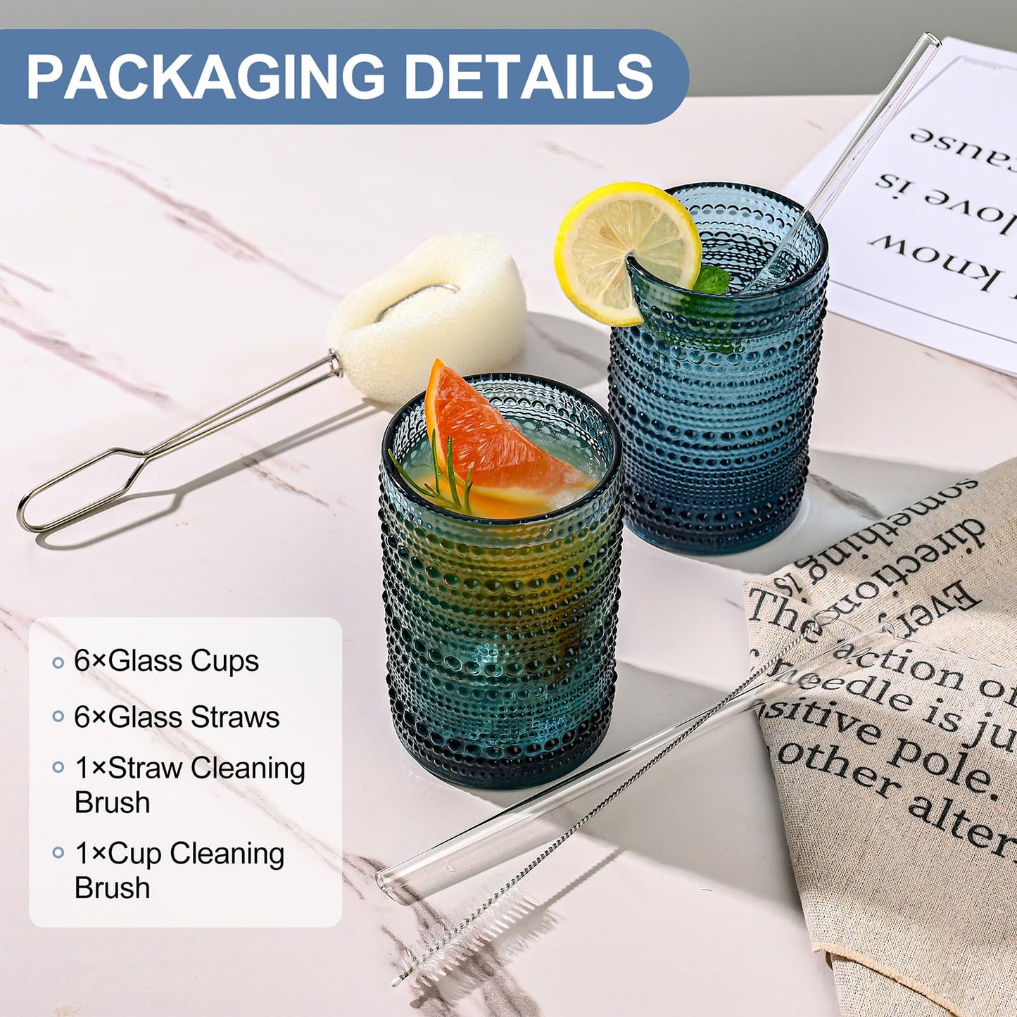 Vintage Glassware Drinking Glasses Set of 6,15 oz Hobnail Glass Cups,Embossed Blue Water Tumbler,for Beer,Cocktail,Whiskey,Juice and Various Mixed Drinks- 1 Cleaning Brush