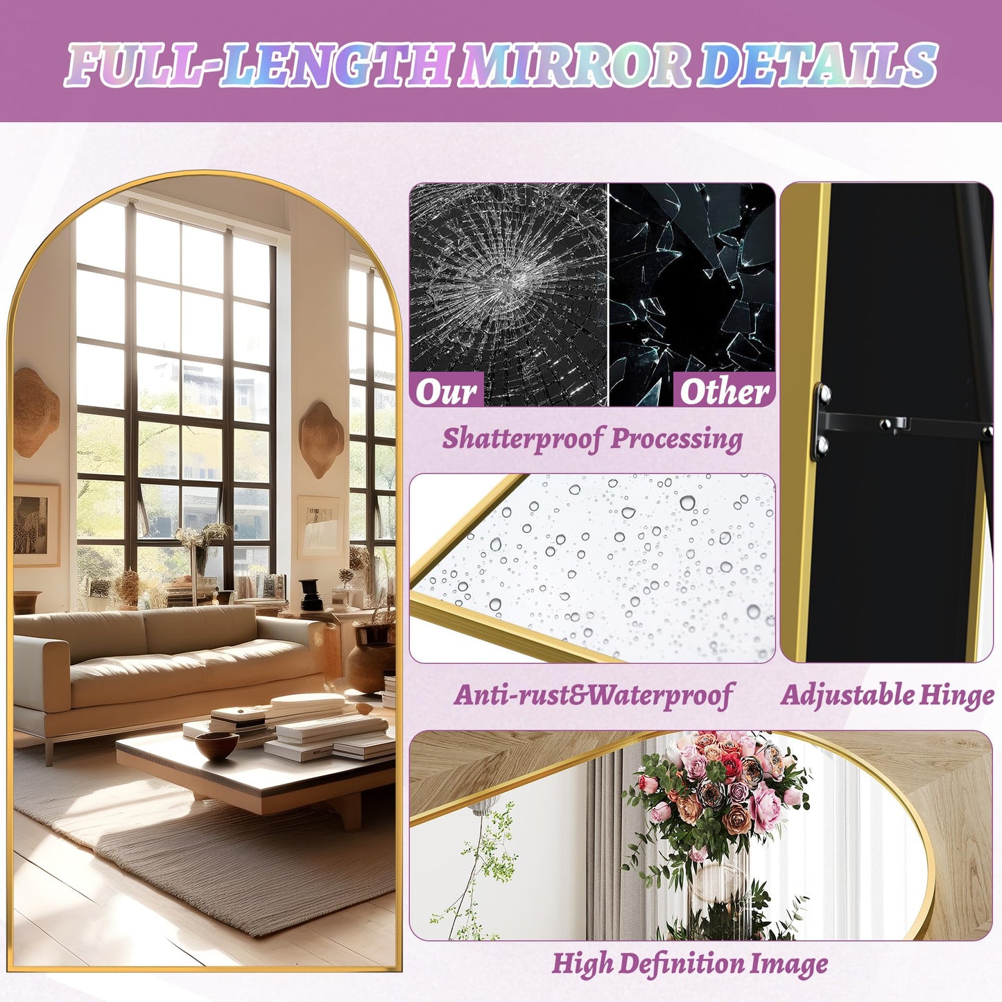 Full Length Mirror, 76"x34" Arched Floor Mirror Freestanding, Floor Standing Full Body Mirror with Stand for Bedroom, Hanging Mounted for Living Room Cloakroom, Black