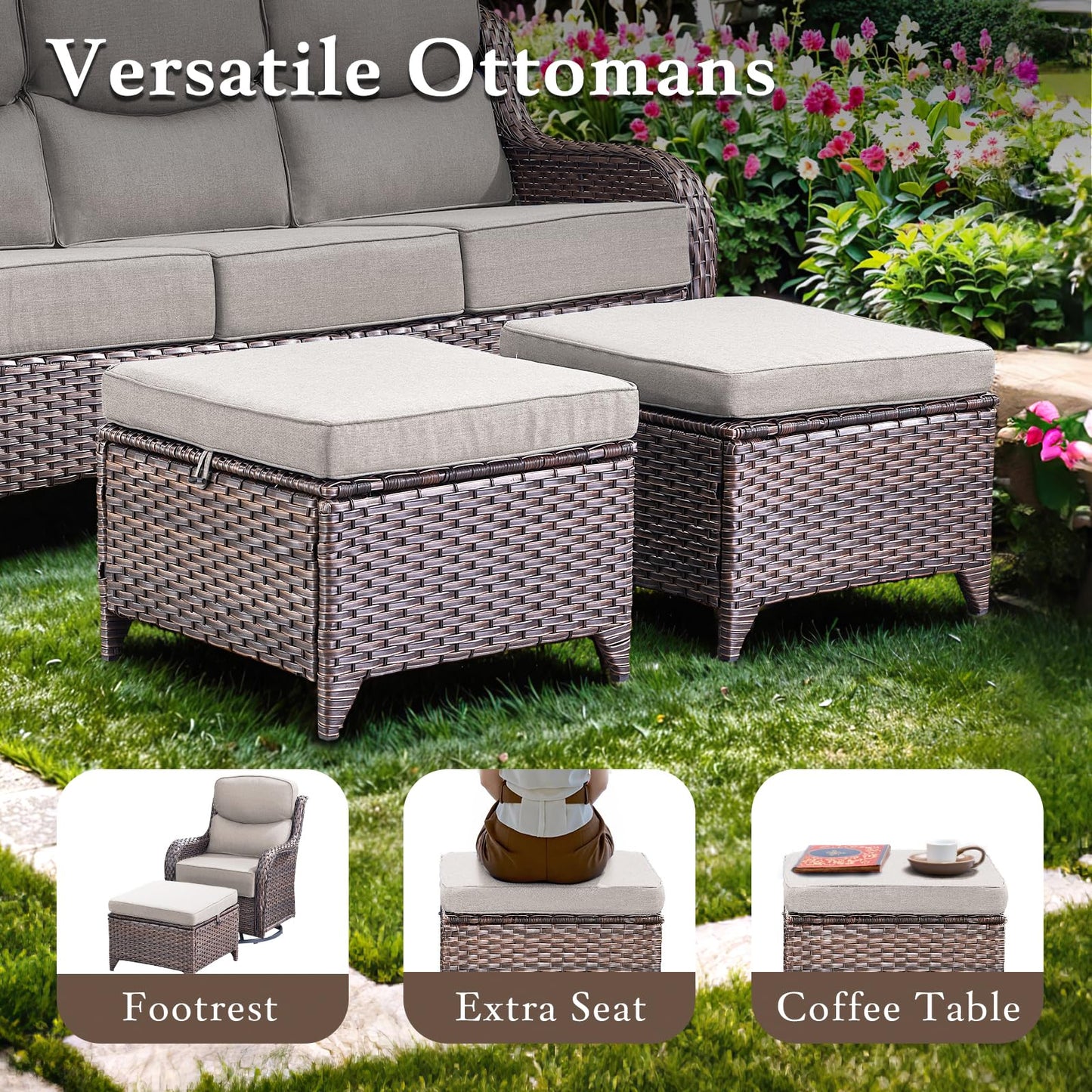 Luxury Outdoor Swivel Rocker Patio Chairs, High Back Swivel Patio Chairs with Side Table & 6-Inch Thick Cushions, Wicker Outdoor Bistro Set for Porch, Yard, Deck, Poolside, Brown/Beige