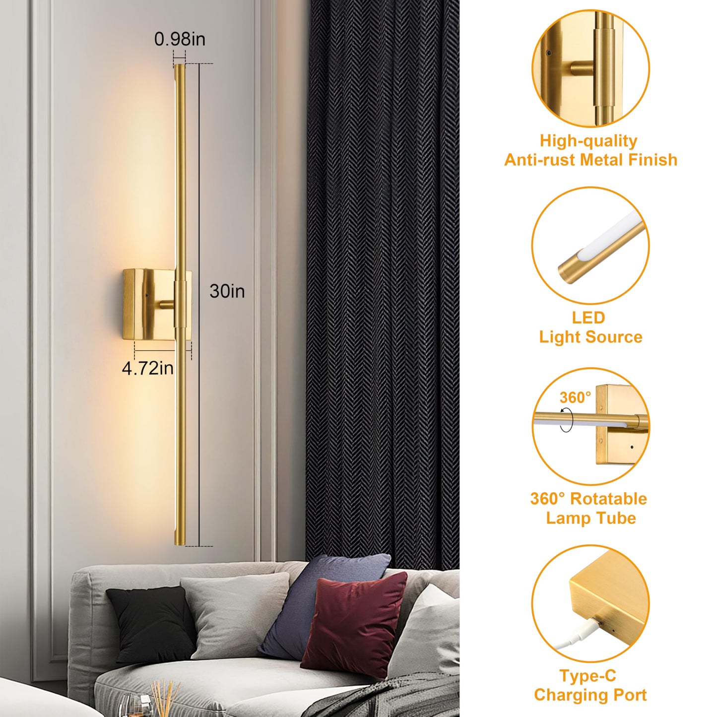 Battery Operated Wall Sconces Set of 2, Dimmable Battery Wall Sconce with Remote Control, Black Gold LED Rechargeable Sconces, 24 Inch Modern Wireless Wall Lights for Bedroom, Living Room