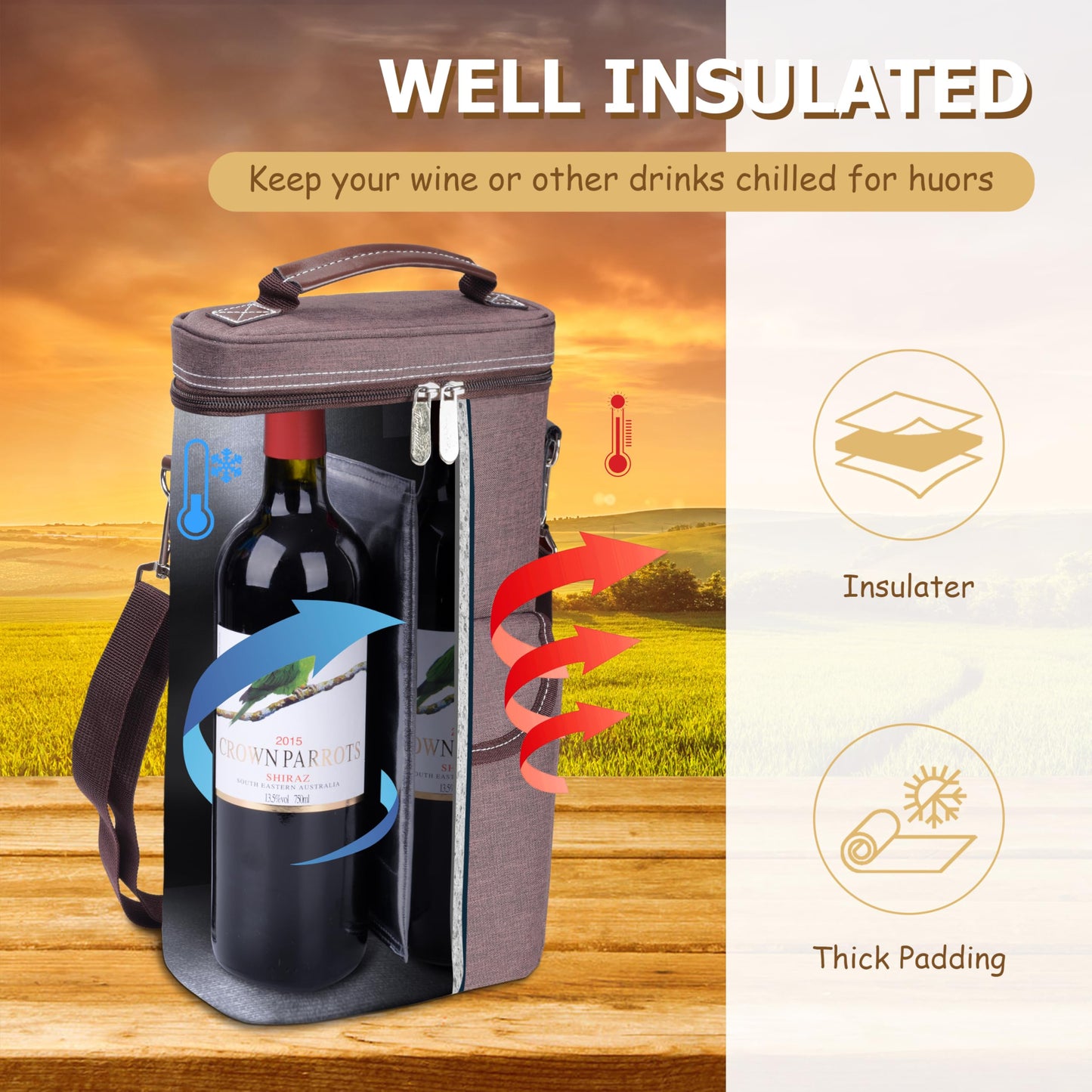 Tirrinia 2 Bottle Leakproof Insulated Wine Tote Carrier Bag - Padded Cooler for Travel, Restaurants, Tasting, Parties, Great Gift for Wine Lovers