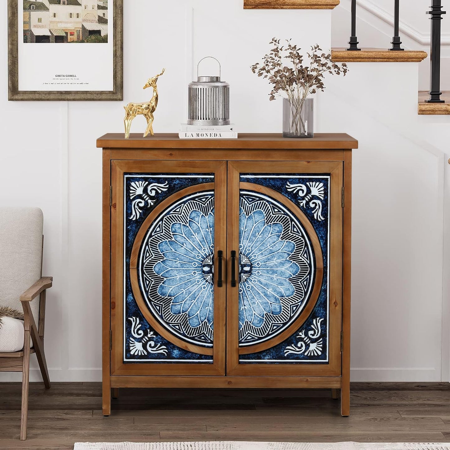 MFSTUDIO Accent Storage Cabinet with 2 Doors, Distressed Storage Cabinet Buffet Sideboard Display Cabinet with Metal Church Window Door for Entryway Living Room Kitchen, Black