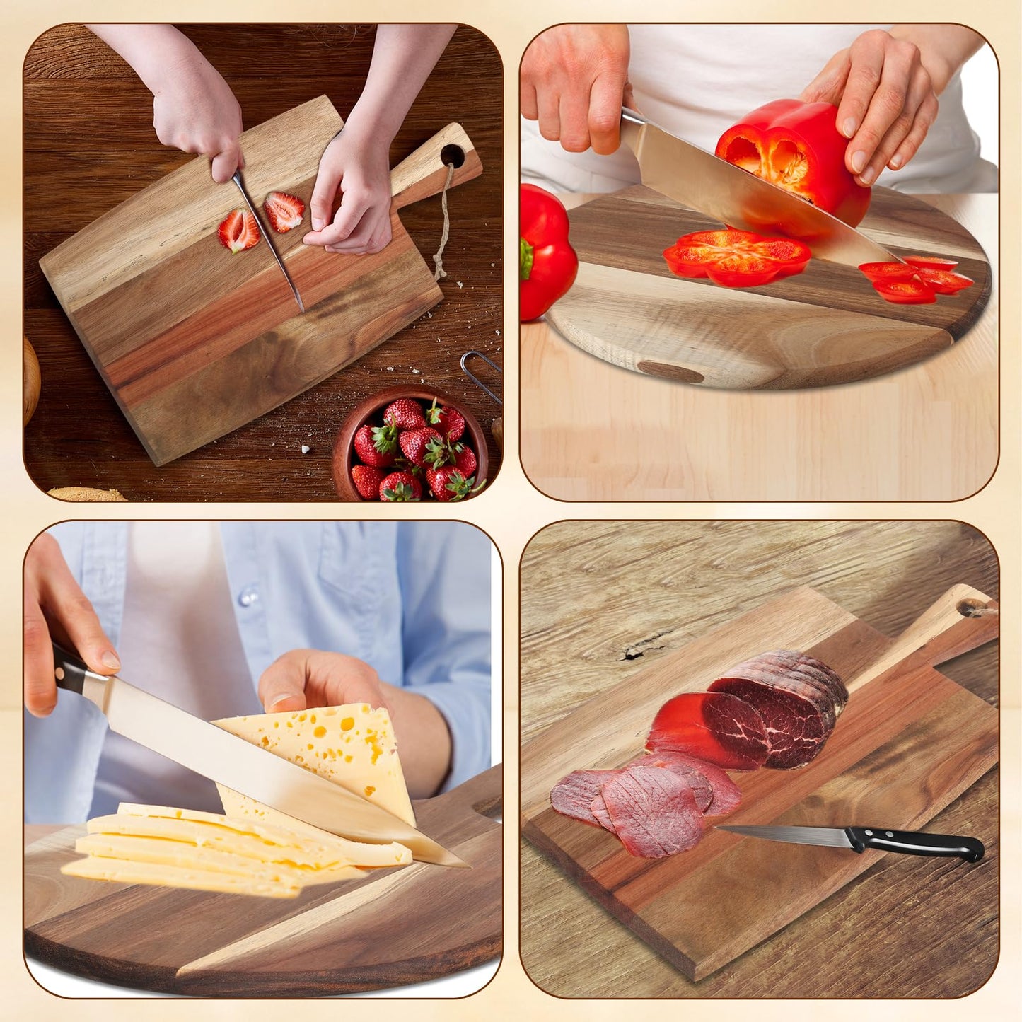 Hsei 2 Pcs Acacia Wood Cutting Board with Handle Wooden Charcuterie Board Large Paddle Carving Chopping Set Butter Serving Tray for Cheese Meat Fruit Pizza Bread Baking(Classic Handle)