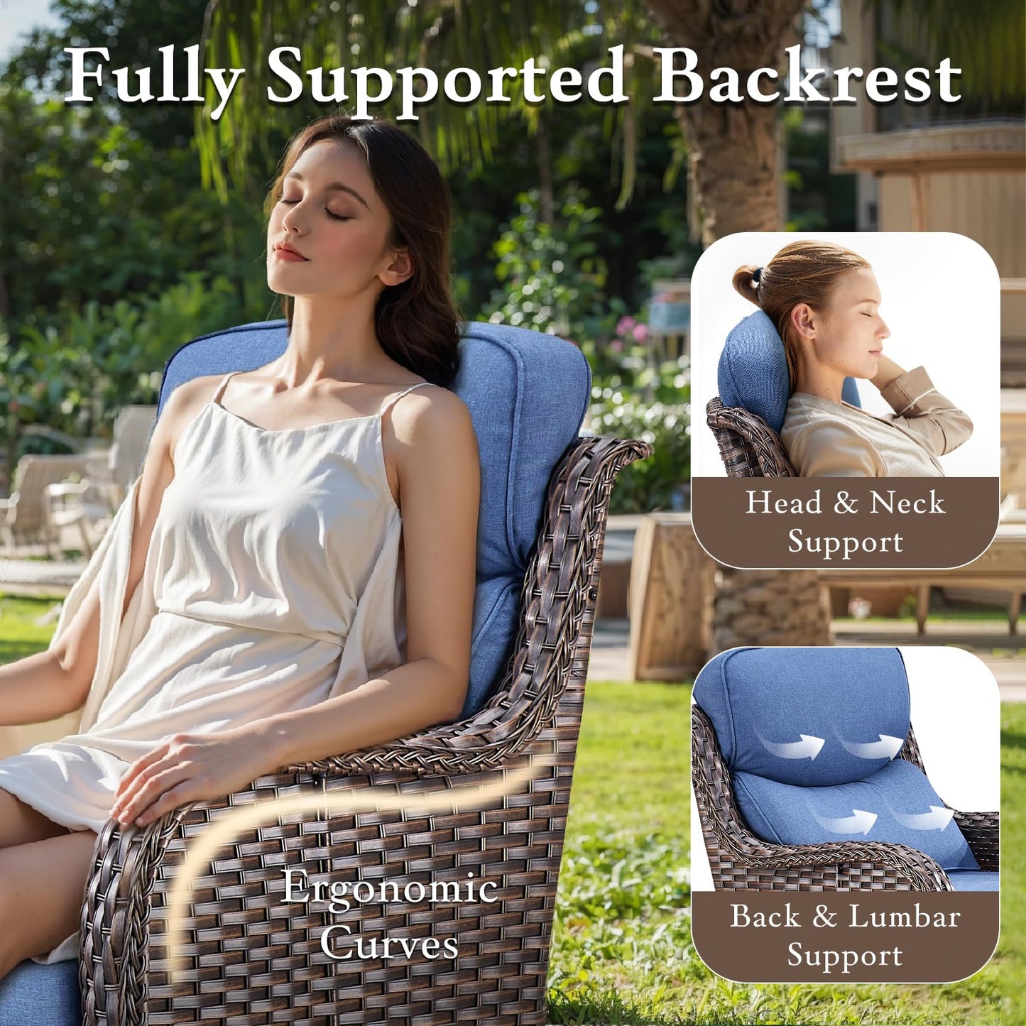 Luxury Outdoor Swivel Rocker Patio Chairs, High Back Swivel Patio Chairs with Side Table & 6-Inch Thick Cushions, Wicker Outdoor Bistro Set for Porch, Yard, Deck, Poolside, Brown/Beige