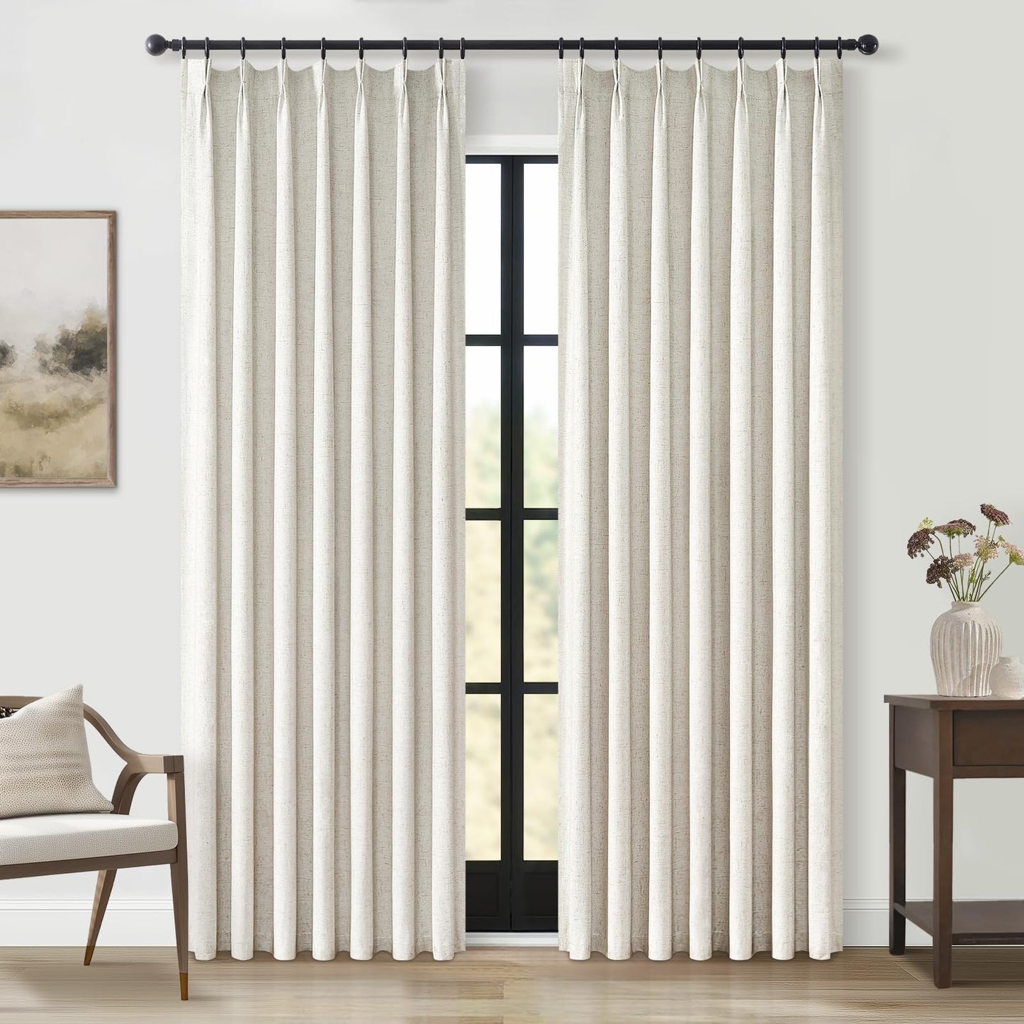 Topfinel 120 Inches Long Extra Long Pinch Pleat Faux Linen Curtains for Living Room,Neutral Beige 100 Percent Blackout Floor to Ceiling Farmhouse Sound Absorbing Drapes 2 Panels for Track System 10 FT