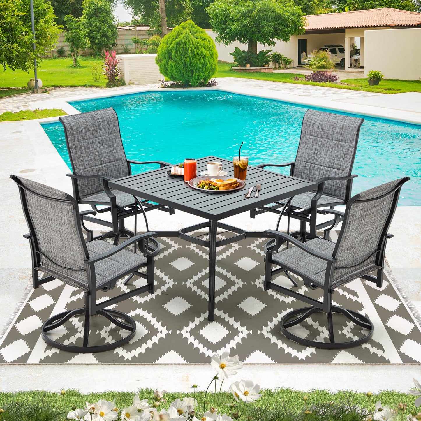 9-Piece Outdoor Patio Dining Set with 8 Swivel Rocker Chairs, Rectangular Metal Table with Umbrella Hole, 8-Person Patio Table and Chairs for Backyard, Poolside, Balcony and Garden Grey
