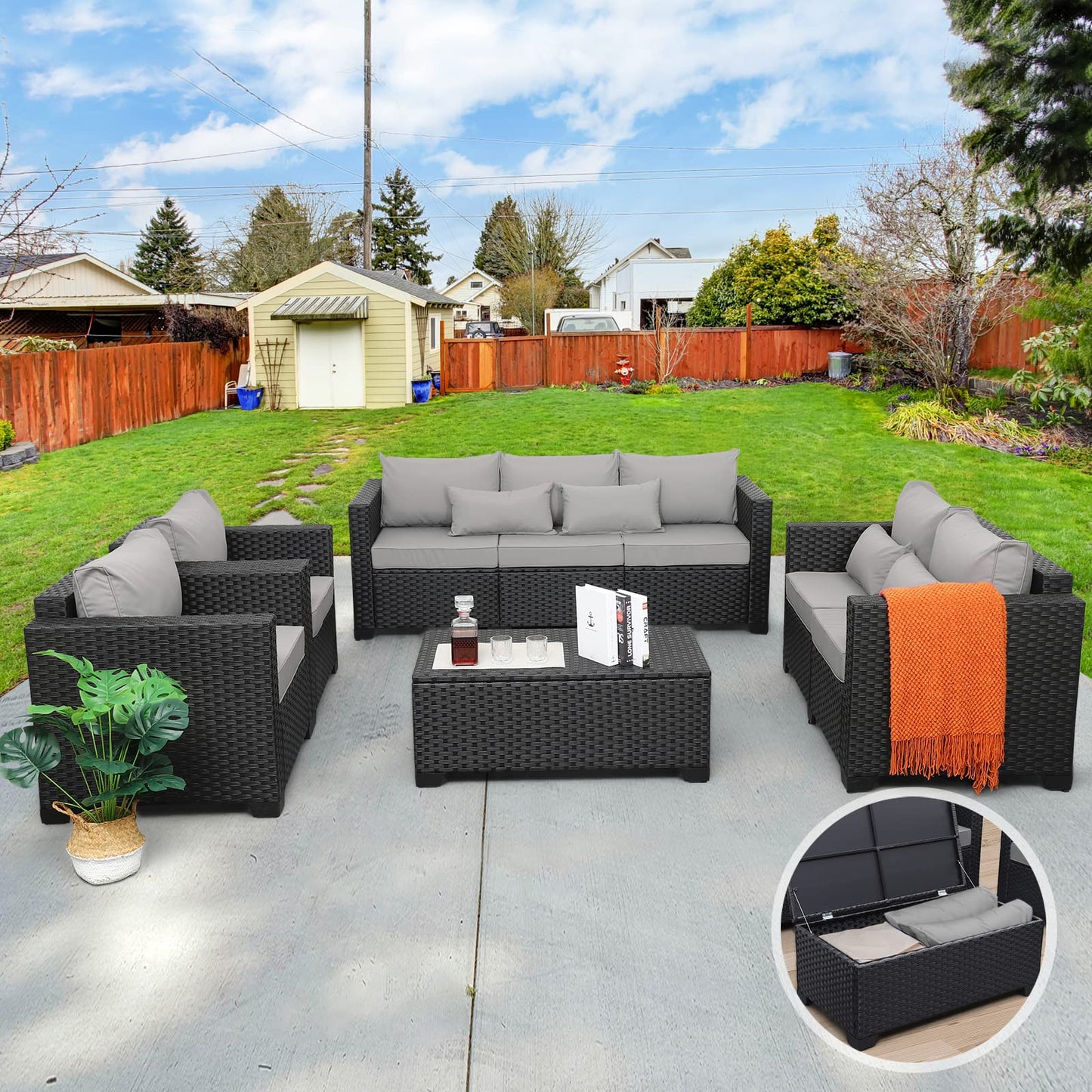 Rattaner 5 Pcs Outdoor Furniture Sets Patio Furniture Set with 45" Fire Pit Patio Couch Outdoor Chairs 60000 BTU Steel Propane Fire Pit Table No-Slip Cushions and Waterproof Covers, Light Grey