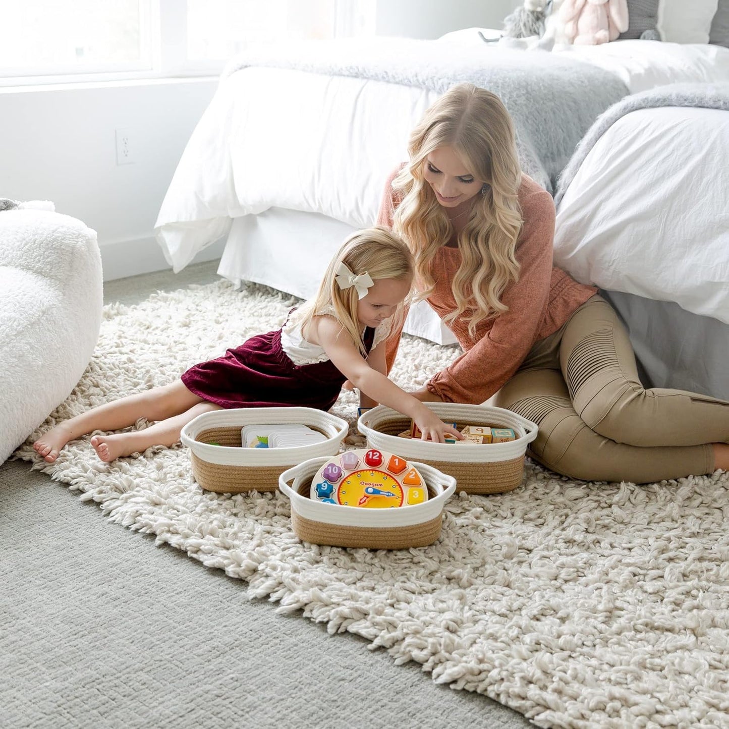 NaturalCozy 5-Piece Rectangle Storage Basket Set- Natural Cotton Rope Woven for Organizing! Small Basket for Montessori, Baby Nursery, Dog Toy Baskets, Cat Toy Box, Bathroom Organization Bin
