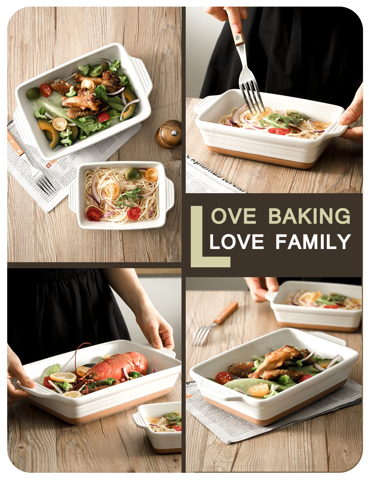 Ceramic Baking Dish, Casserole Dishes for Oven, Extra Deep Lasagna Pans with Handles, Rectangular Bakeware Set of 3 from Oven to Table, Easy to Clean, 14.7 x 8.7 x 3 Inches, White