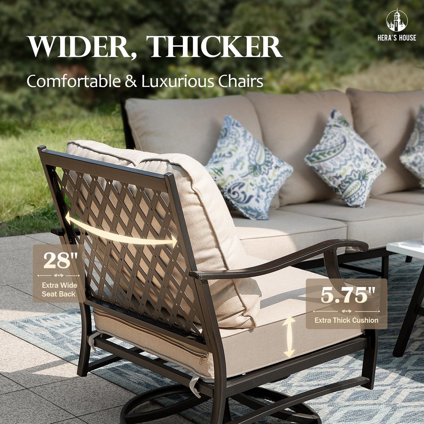 HERA'S HOUSE 7 Piece Patio Furniture Set, 2 x Rocking Chair, 2 x Fixed Chair, 2 x Ottoman, 1 x 3-Seat Sofa, All Cushioned 9 Seats Outdoor Conversation Set for Lawn Garden Backyard