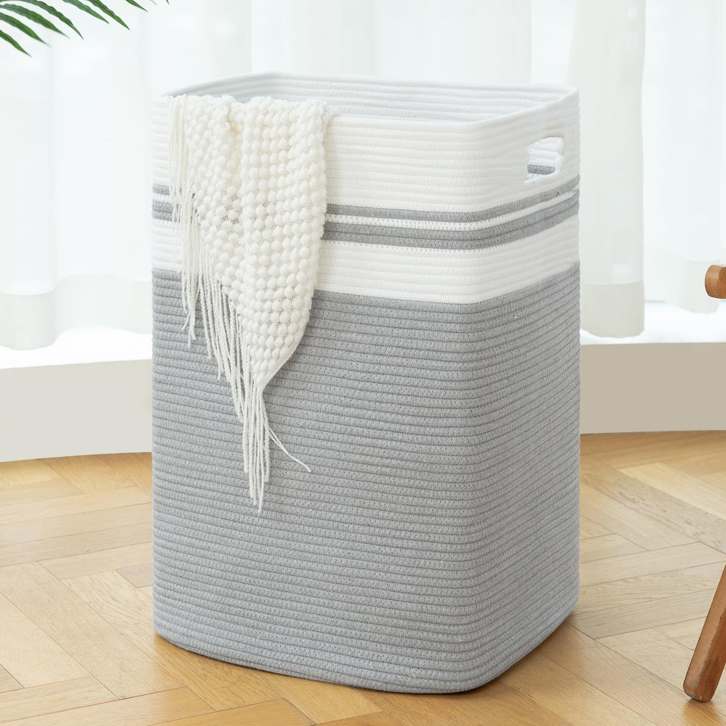OIAHOMY Laundry Hamper-Laundry Basket,Tall Cotton Storage Basket with Handles,Decorative Blanket Basket for Living room,Collapsible Large Basket for Toys,Pillows,Clothes-16x13x22in-Yellow variegated