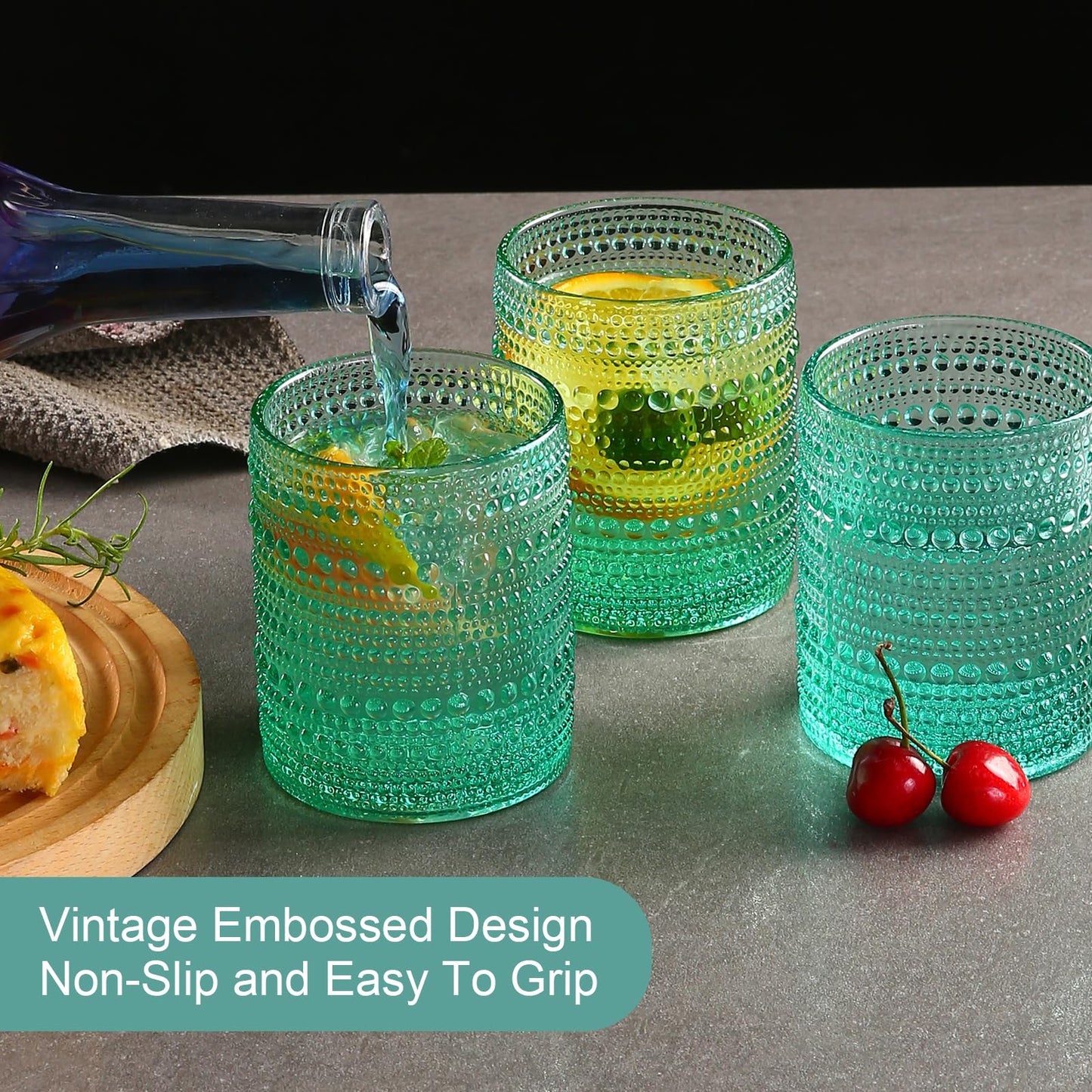 Vintage Glassware Drinking Glasses Set of 6,15 oz Hobnail Glass Cups,Embossed Blue Water Tumbler,for Beer,Cocktail,Whiskey,Juice and Various Mixed Drinks- 1 Cleaning Brush