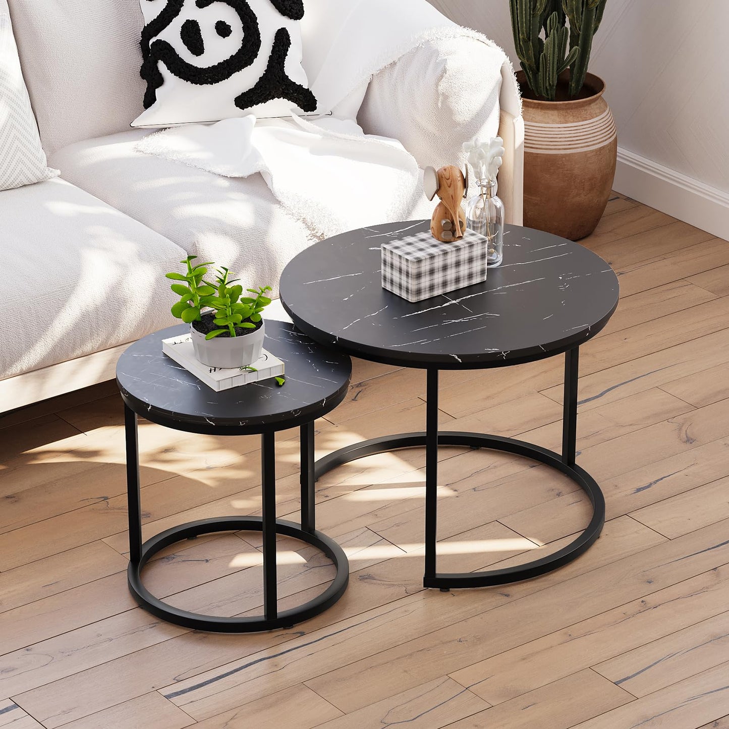 Smuxee Nesting Coffee Table Set of 2, 23.6" Round Coffee Table Wood Grain Top with Adjustable Non-Slip Feet, Industrial End Table Side Tables for Living Room Bedroom Balcony Yard