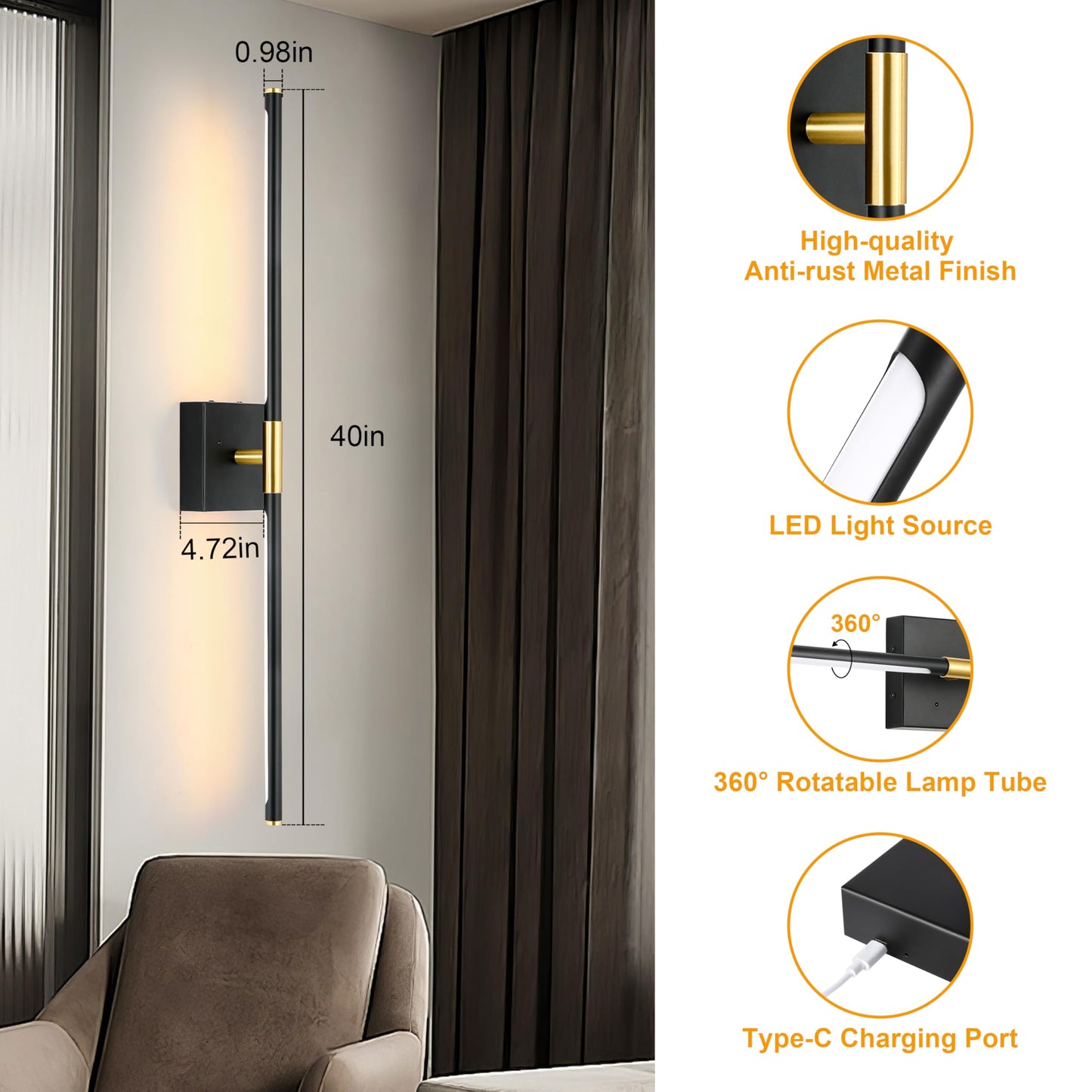 Battery Operated Wall Sconces Set of 2, Dimmable Battery Wall Sconce with Remote Control, Black Gold LED Rechargeable Sconces, 24 Inch Modern Wireless Wall Lights for Bedroom, Living Room