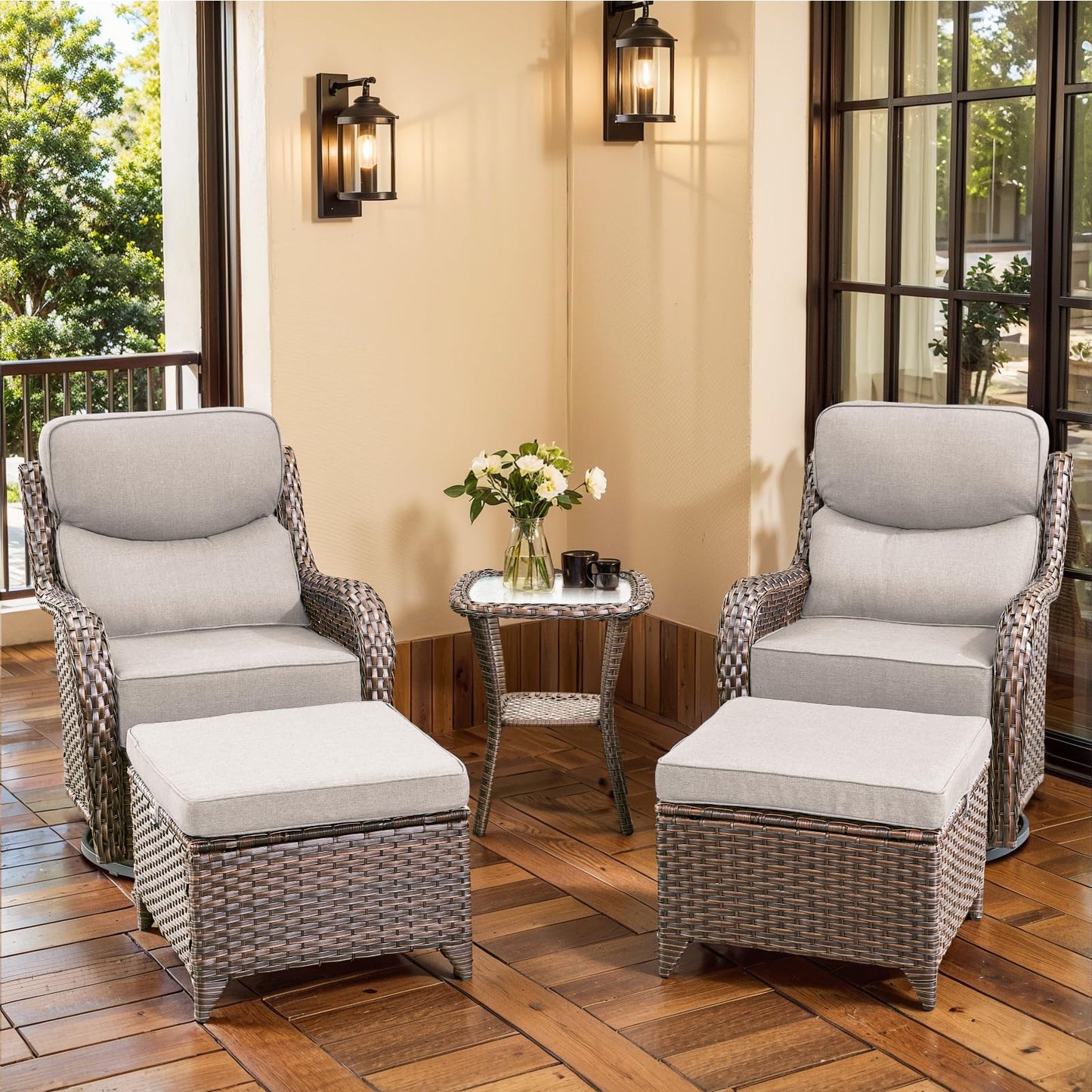Luxury Outdoor Swivel Rocker Patio Chairs, High Back Swivel Patio Chairs with Side Table & 6-Inch Thick Cushions, Wicker Outdoor Bistro Set for Porch, Yard, Deck, Poolside, Brown/Beige