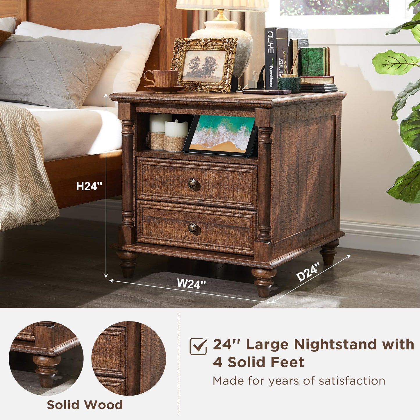 T4TREAM 24'' Farmhouse End Table w/4 Solid Wood Feet, Large 2 Drawers Wide Sofa Side Table with Charging Station, Tall Rustic Wood Square Nightstand for Living Room, Bedroom, Office, Antique White