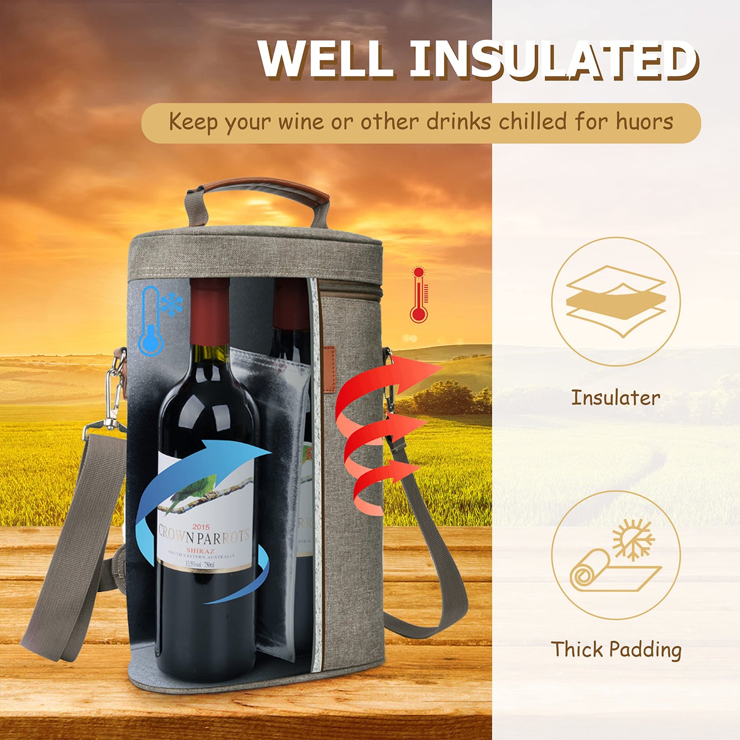 Tirrinia 2 Bottle Leakproof Insulated Wine Tote Carrier Bag - Padded Cooler for Travel, Restaurants, Tasting, Parties, Great Gift for Wine Lovers