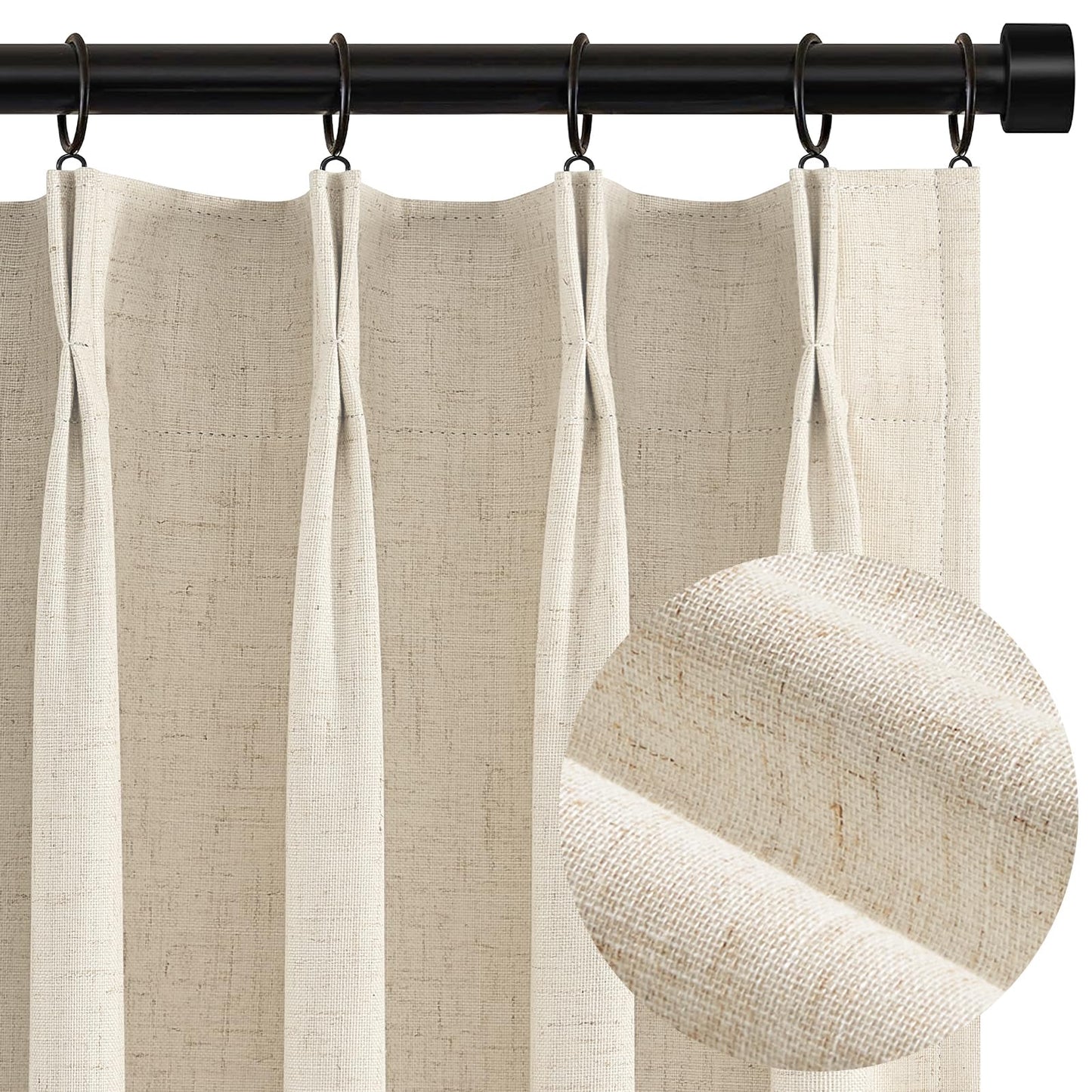 Topfinel 120 Inches Long Extra Long Pinch Pleat Faux Linen Curtains for Living Room,Neutral Beige 100 Percent Blackout Floor to Ceiling Farmhouse Sound Absorbing Drapes 2 Panels for Track System 10 FT