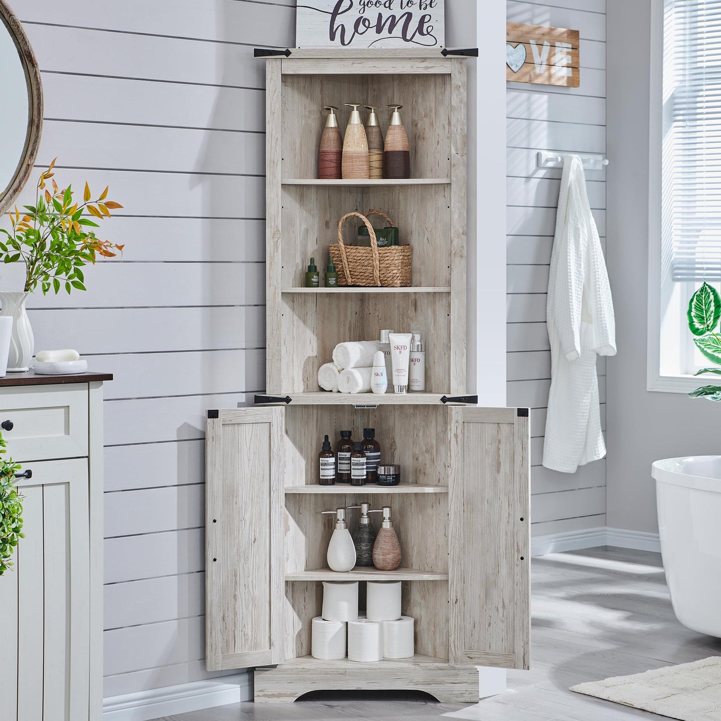 OKD Tall Corner Cabinet, Farmhouse Storage Cabinet with Barn Door Design & Adjustable Shelves, Home Space Saver for Bathroom, Living Room, Rustic Oak with Antique White