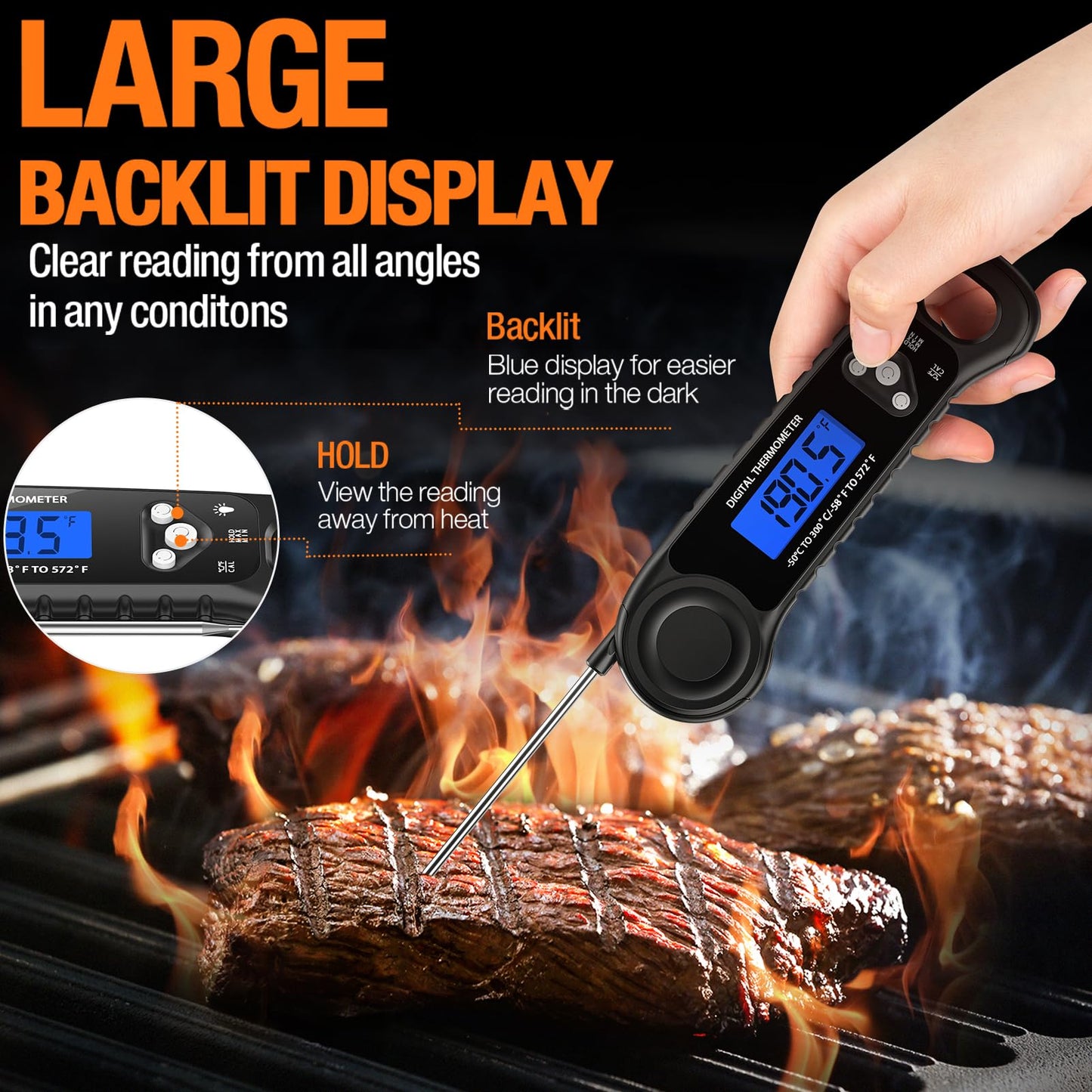 Meat Thermometer Digital, Instant Read Food Thermometer - Waterproof w/Backlight for Cooking, Candy, Deep Fry, BBQ, Grill, Smoker and Roast, Camping & Kitchen Essentials