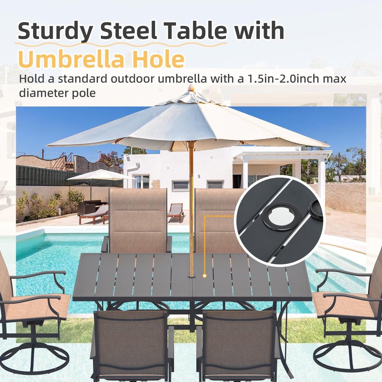 9-Piece Outdoor Patio Dining Set with 8 Swivel Rocker Chairs, Rectangular Metal Table with Umbrella Hole, 8-Person Patio Table and Chairs for Backyard, Poolside, Balcony and Garden Grey