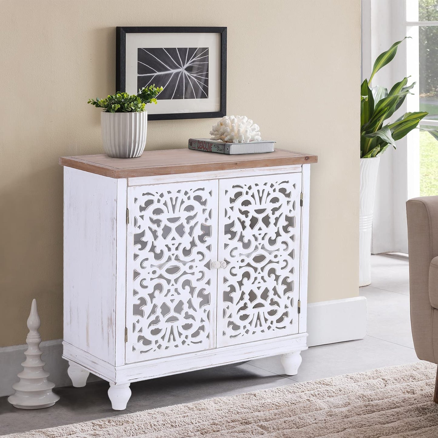 Sophia & William Tall Storage Cabinet 47.4", Decorative 2-Door Tall Accent Cabinet, for Living Room, Dining Room, White
