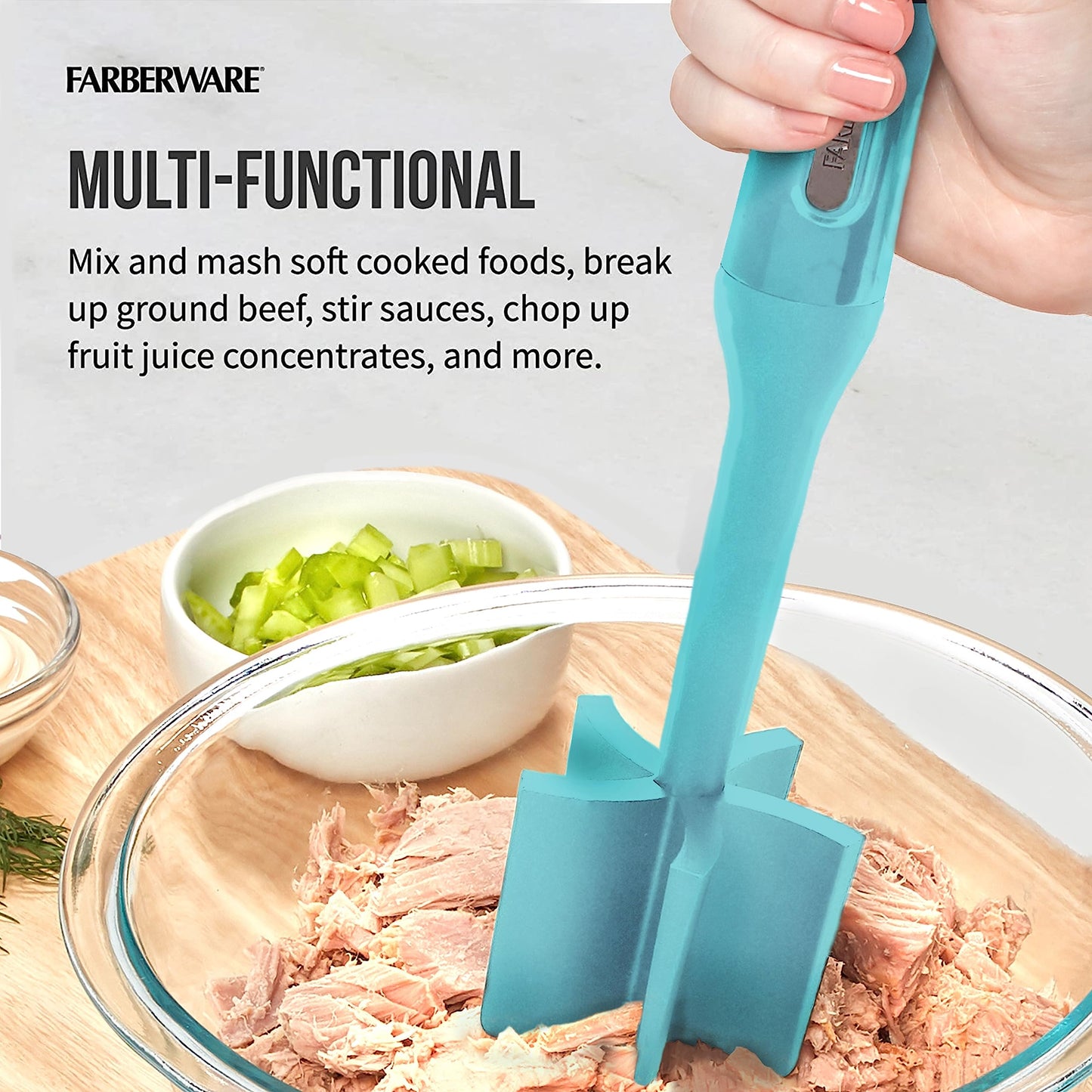 Farberware Heat Resistant Nylon Meat and Potato Masher Safe for Non-Stick Cookware, 10 inch, Aqua