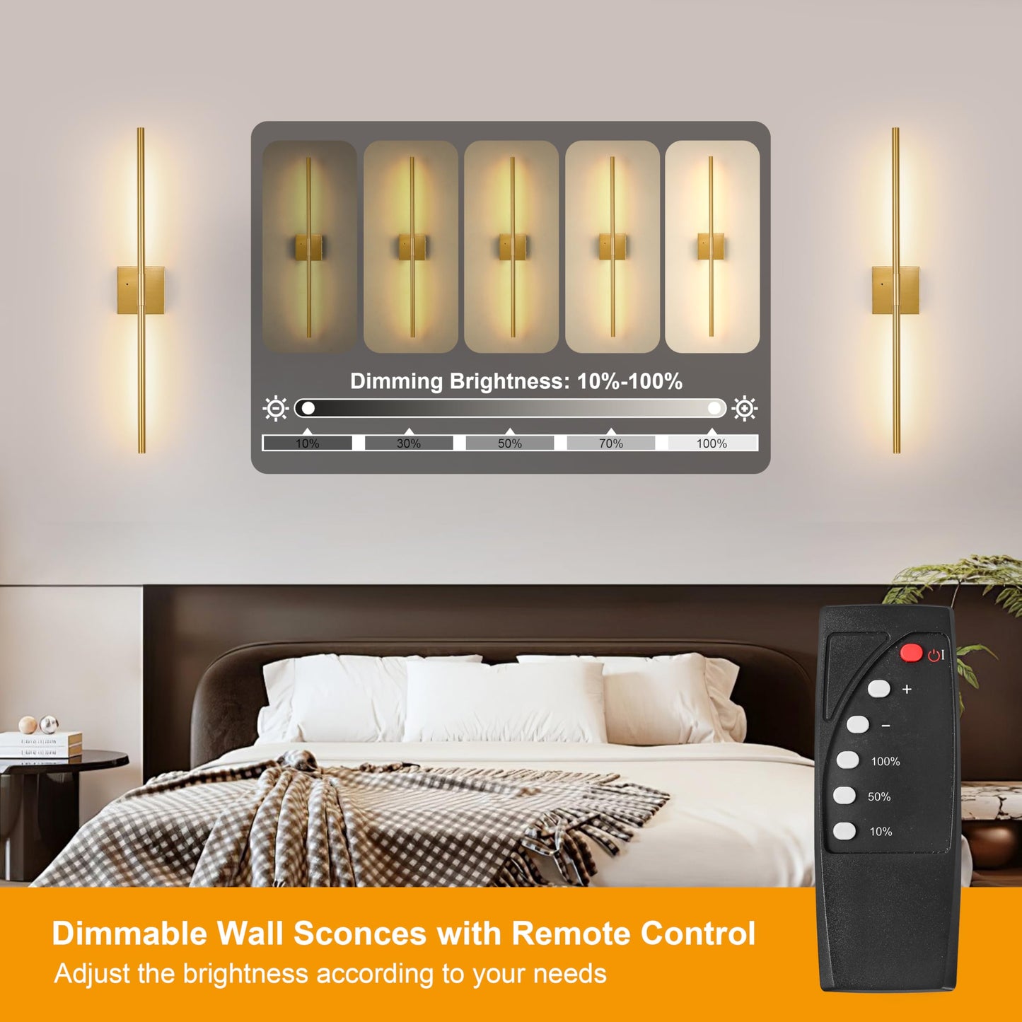 Battery Operated Wall Sconces Set of 2, Dimmable Battery Wall Sconce with Remote Control, Black Gold LED Rechargeable Sconces, 24 Inch Modern Wireless Wall Lights for Bedroom, Living Room