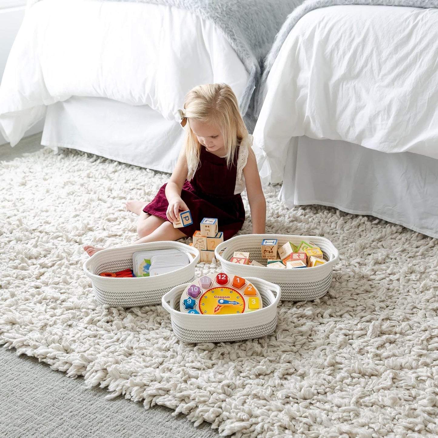NaturalCozy 5-Piece Rectangle Storage Basket Set- Natural Cotton Rope Woven for Organizing! Small Basket for Montessori, Baby Nursery, Dog Toy Baskets, Cat Toy Box, Bathroom Organization Bin