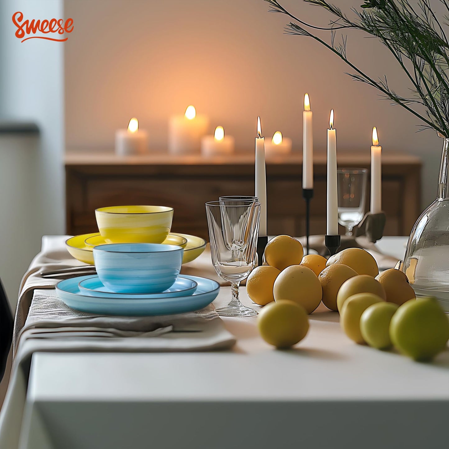 Sweese Plates and Bowls Sets, 18 Piece Dinnerware Set Porcelain Round Dinner Set for 6, Scratch Resistant Dishes Set, Dishwasher and Oven Microwave Safe Handpainted Swirl Dishware Sets, Neutral