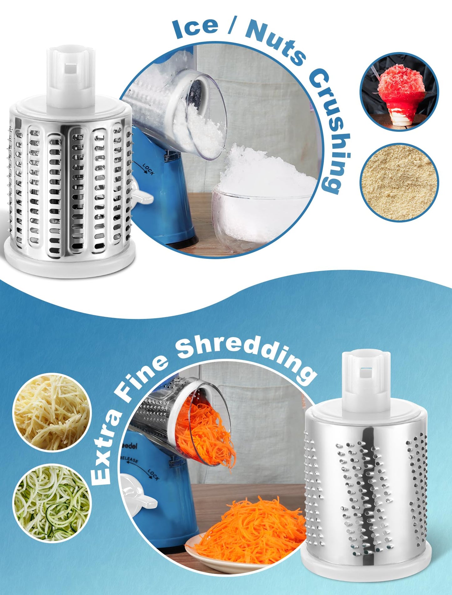 Geedel Rotary Cheese Grater Cheese Shredder - Upgraded 5-in-1 Cheese Grater with Handle and Strong Suction Base, Multi-purpose Vegetable Slicer Ice Shaver Nuts Grinder for Ice, Vegetables, Fruit, Nuts