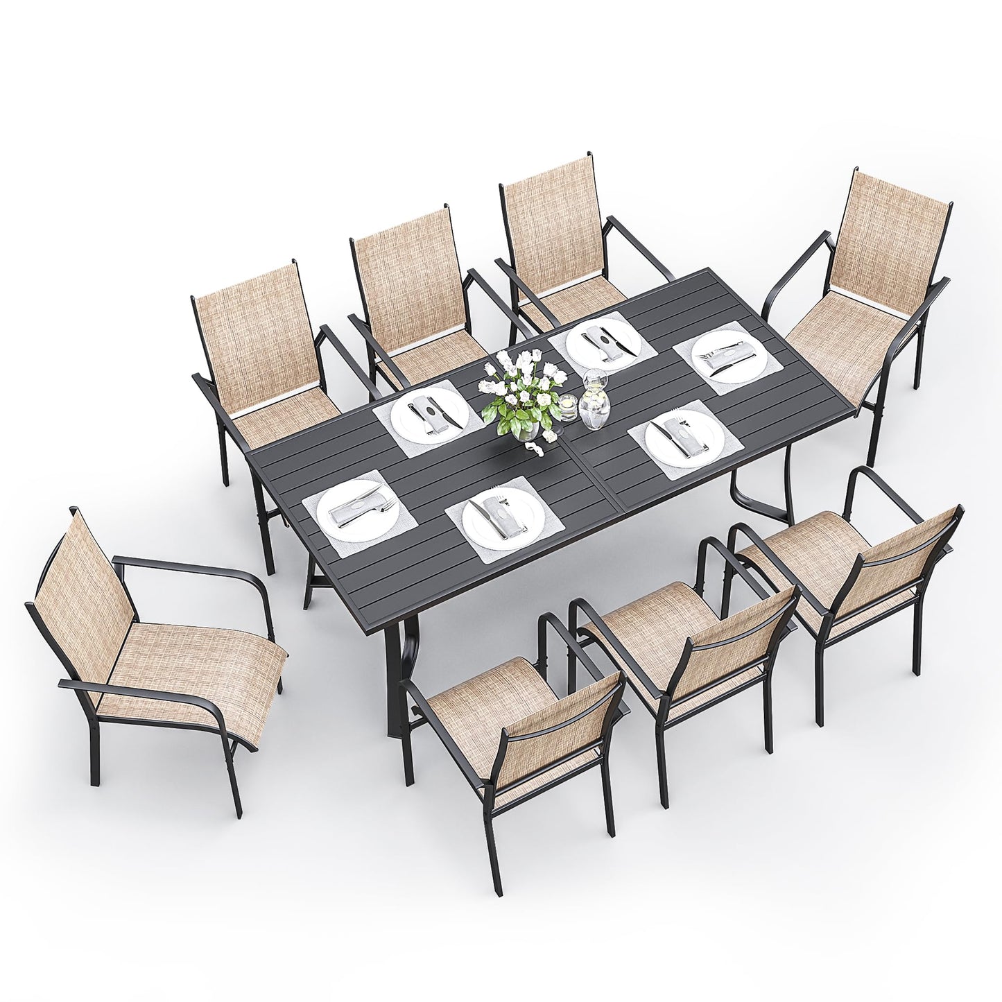 9-Piece Outdoor Patio Dining Set with 8 Swivel Rocker Chairs, Rectangular Metal Table with Umbrella Hole, 8-Person Patio Table and Chairs for Backyard, Poolside, Balcony and Garden Grey