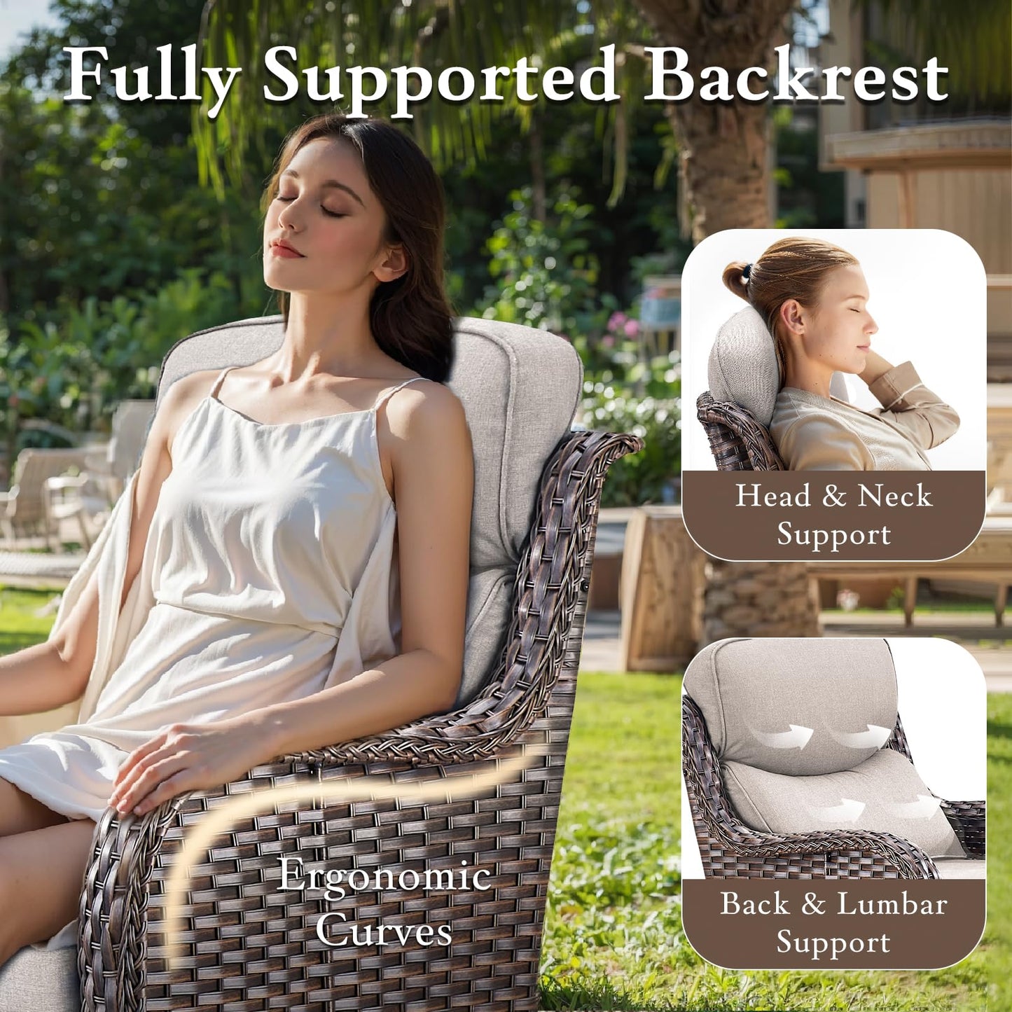 Luxury Outdoor Swivel Rocker Patio Chairs, High Back Swivel Patio Chairs with Side Table & 6-Inch Thick Cushions, Wicker Outdoor Bistro Set for Porch, Yard, Deck, Poolside, Brown/Beige
