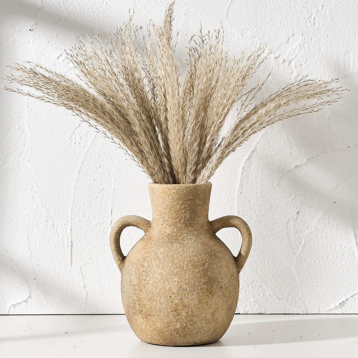 SIDUCAL Rustic Ceramic Farmhouse Flower Vase with 2 Handles, Whitewashed Terra Cotta Vase, Decorative Pottery Flower for Home Decor, Table, Living Room, Shelf Decor, 7.3 Inch, Terra