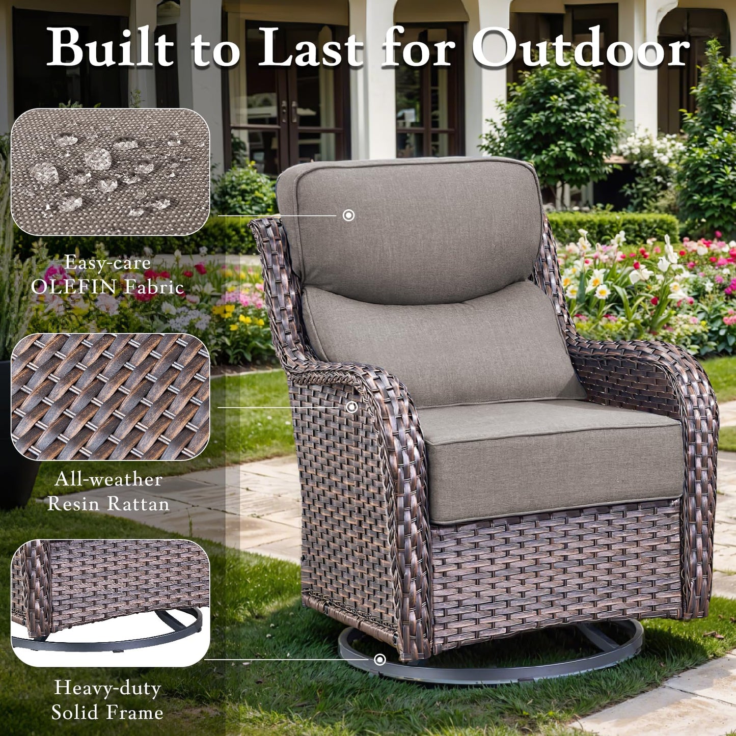 Luxury Outdoor Swivel Rocker Patio Chairs, High Back Swivel Patio Chairs with Side Table & 6-Inch Thick Cushions, Wicker Outdoor Bistro Set for Porch, Yard, Deck, Poolside, Brown/Beige