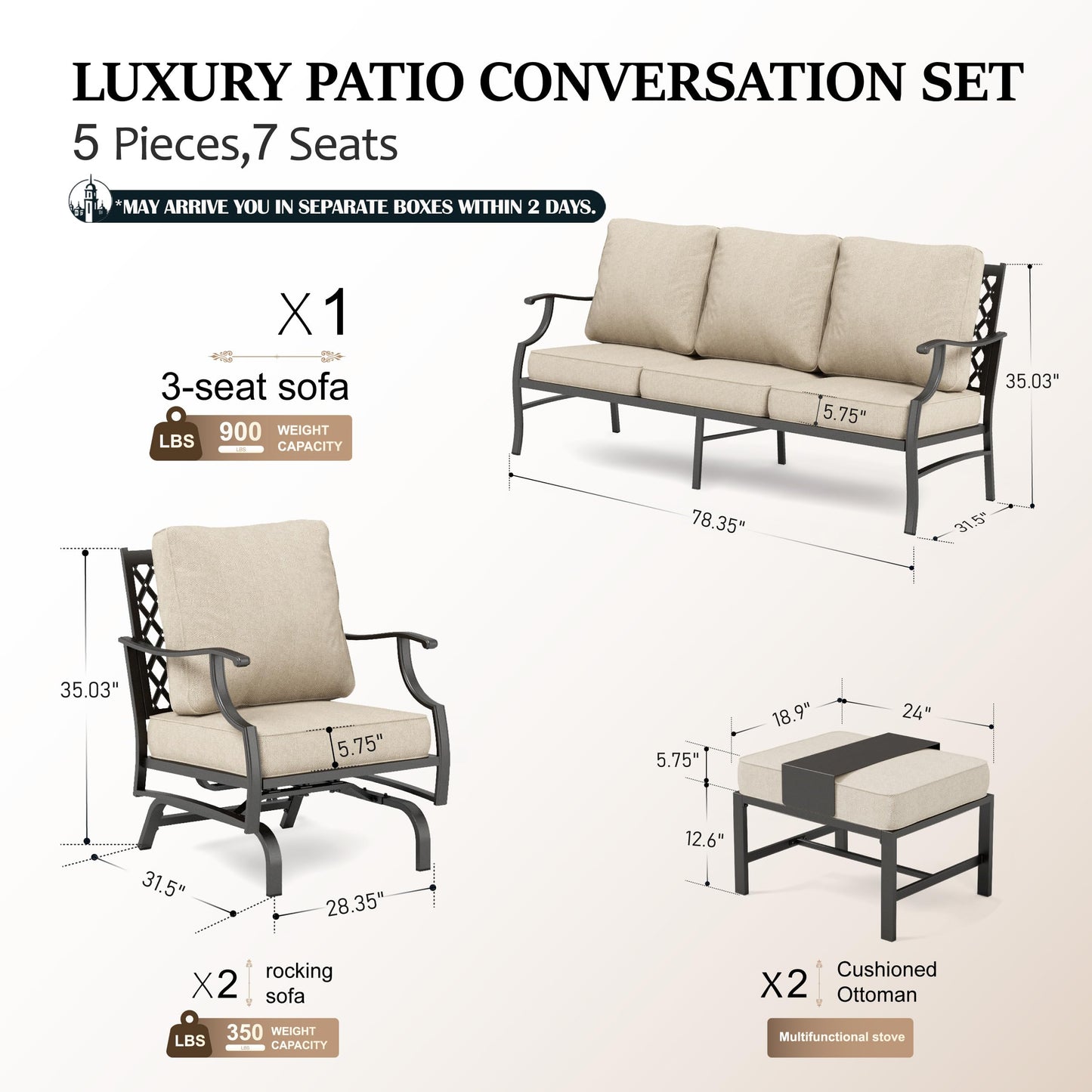 HERA'S HOUSE 7 Piece Patio Furniture Set, 2 x Rocking Chair, 2 x Fixed Chair, 2 x Ottoman, 1 x 3-Seat Sofa, All Cushioned 9 Seats Outdoor Conversation Set for Lawn Garden Backyard