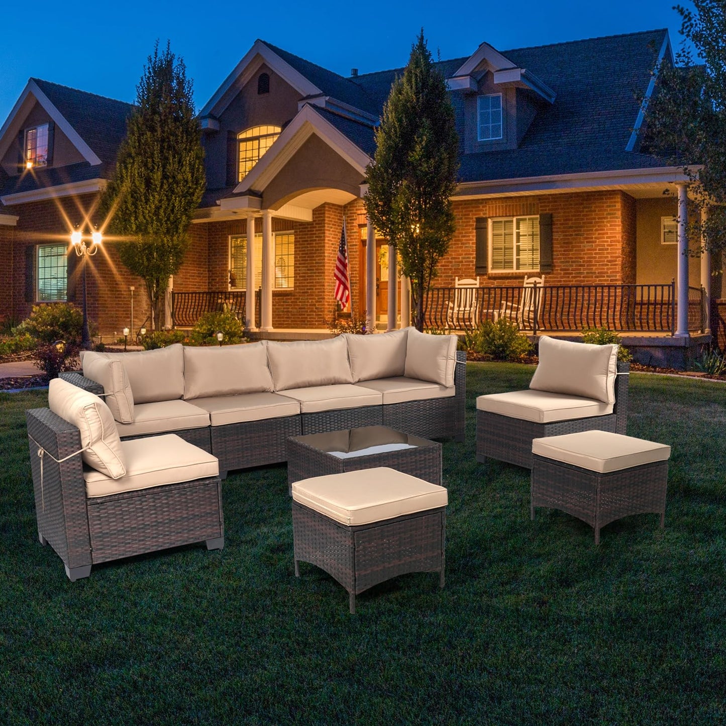 LEVELEVE 7 Pieces Outdoor Patio Furniture Sets,Rattan Conversation Sectional Set,Manual Weaving Wicker Patio Sofa with Tea Table