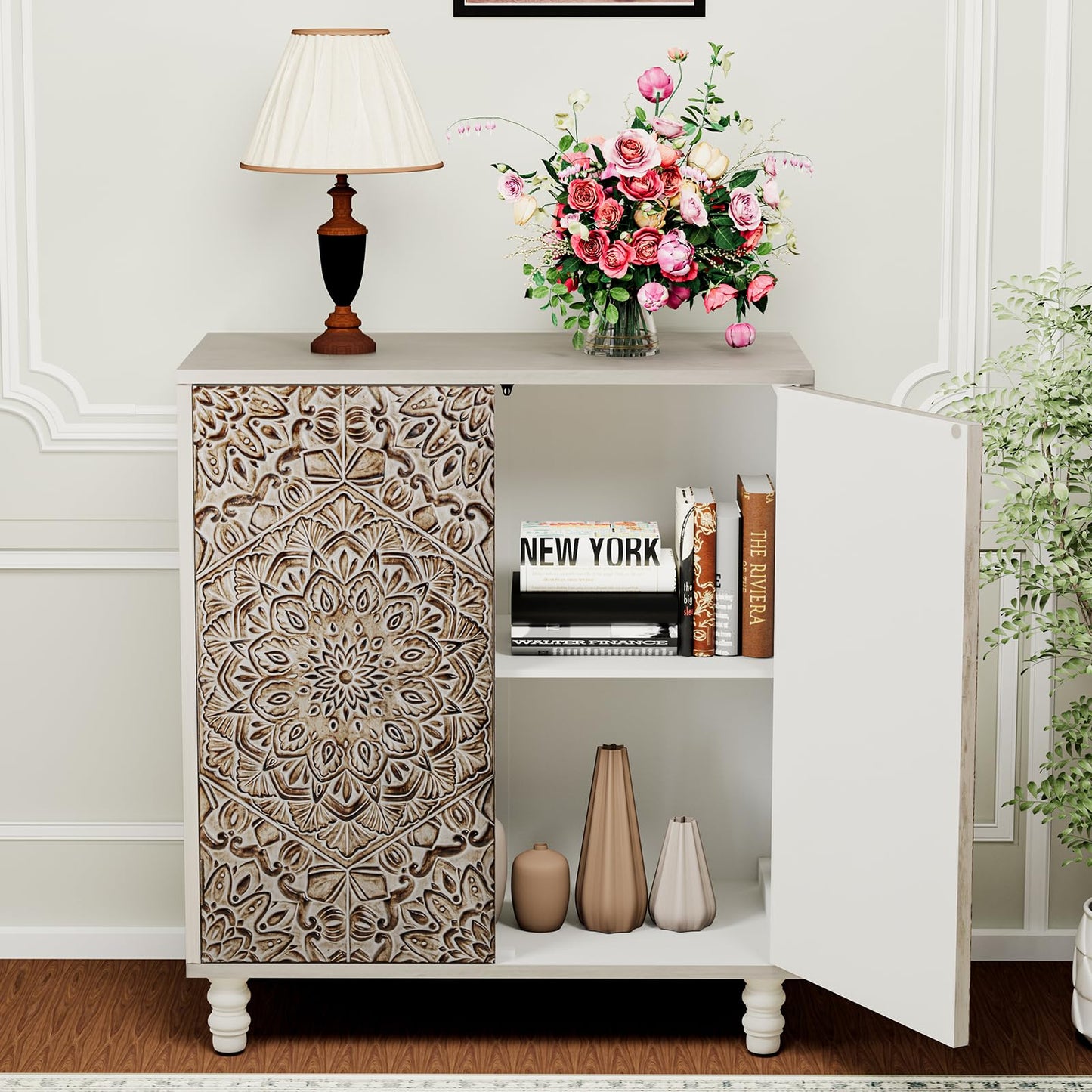 HOMPUS Accent Cabinet with Doors and Shelf,Rustic Boho Decorative Buffet Cabinet with Wood Grain Finish,Buffet Sideboard Storage Cabinet with Flower Pattern,Farmhouse Cabinet for Living Room,Entryway