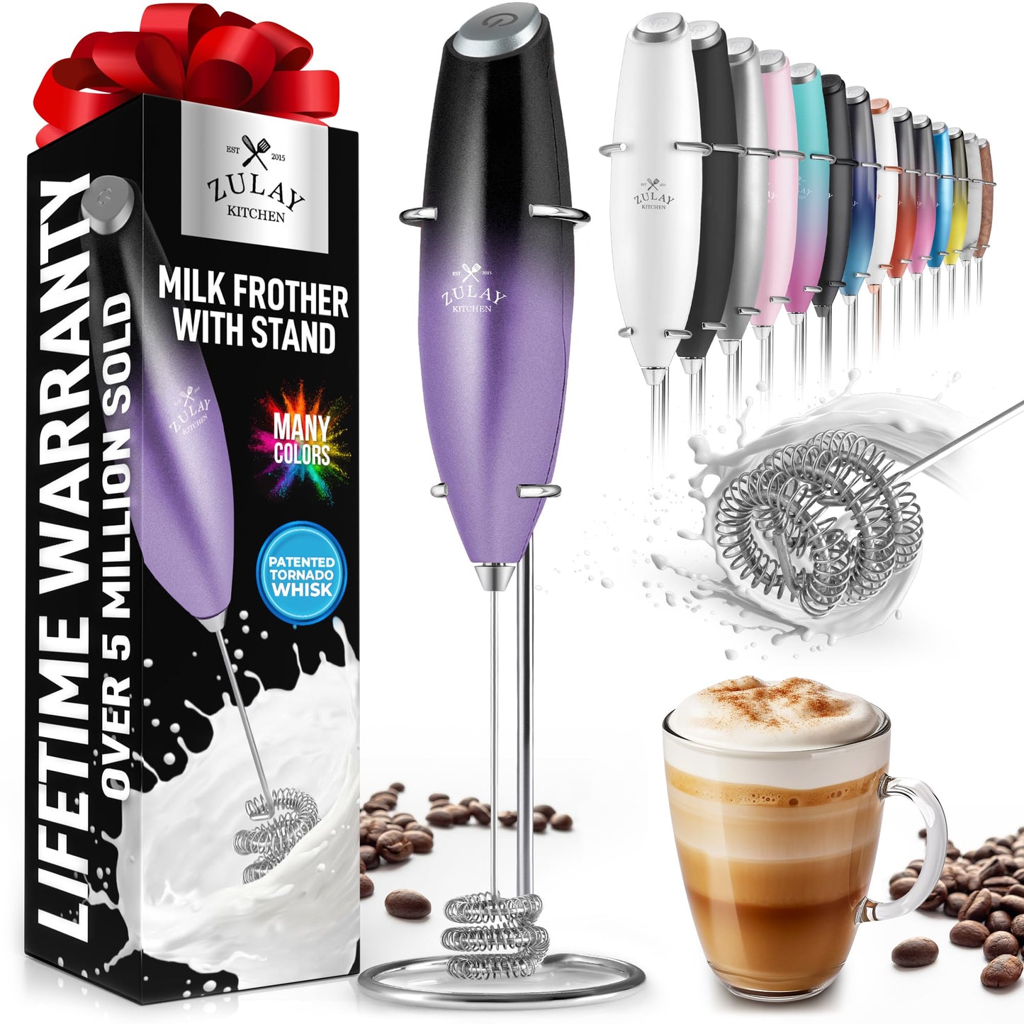 Zulay Double Whisk Milk Frother Handheld Mixer - High Powered Frother For Coffee With Improved Motor - Milk Frother Electric Whisk Drink Mixer For Cappuccino, Frappe, Matcha, Twin Whisk - Black/Copper
