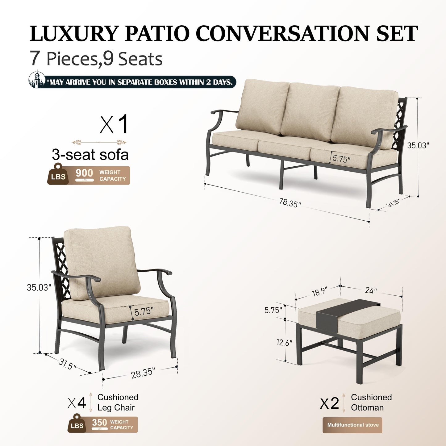 HERA'S HOUSE 7 Piece Patio Furniture Set, 2 x Rocking Chair, 2 x Fixed Chair, 2 x Ottoman, 1 x 3-Seat Sofa, All Cushioned 9 Seats Outdoor Conversation Set for Lawn Garden Backyard