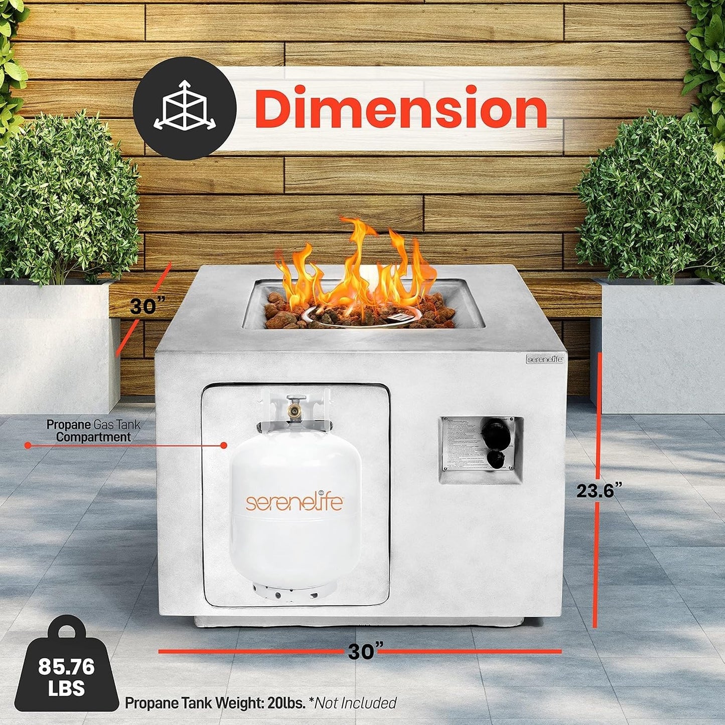 SereneLife Outdoor Propane Gas Fire Pit Table – 50,000 BTU Auto-Ignition Firepit with Glass Wind Guard, Black Tempered Glass Top & Clear Glass Rocks for Garden, Patio, or Backyard