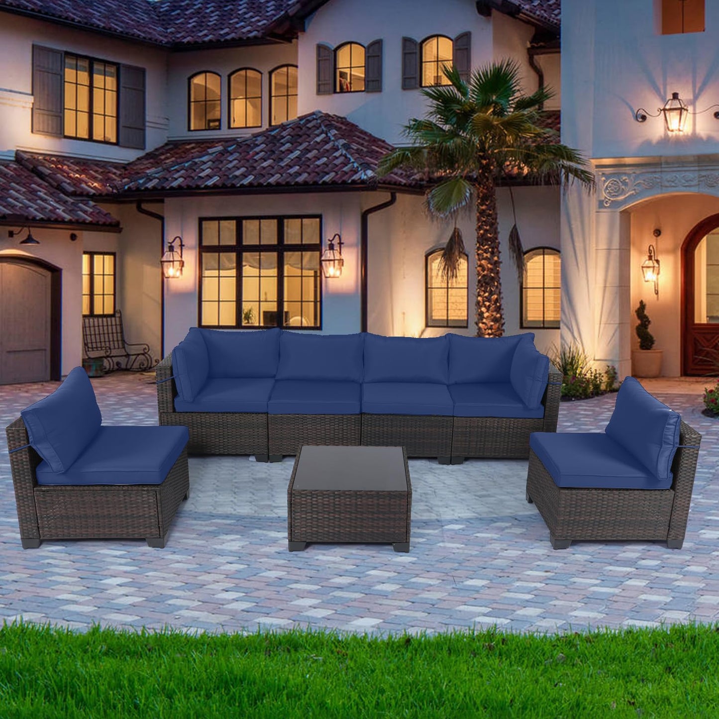 LEVELEVE 7 Pieces Outdoor Patio Furniture Sets,Rattan Conversation Sectional Set,Manual Weaving Wicker Patio Sofa with Tea Table