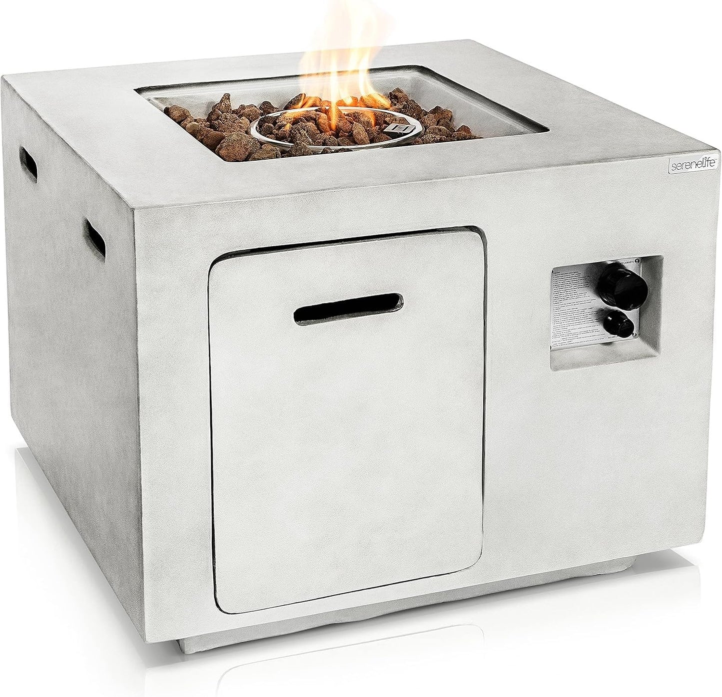 SereneLife Outdoor Propane Gas Fire Pit Table – 50,000 BTU Auto-Ignition Firepit with Glass Wind Guard, Black Tempered Glass Top & Clear Glass Rocks for Garden, Patio, or Backyard