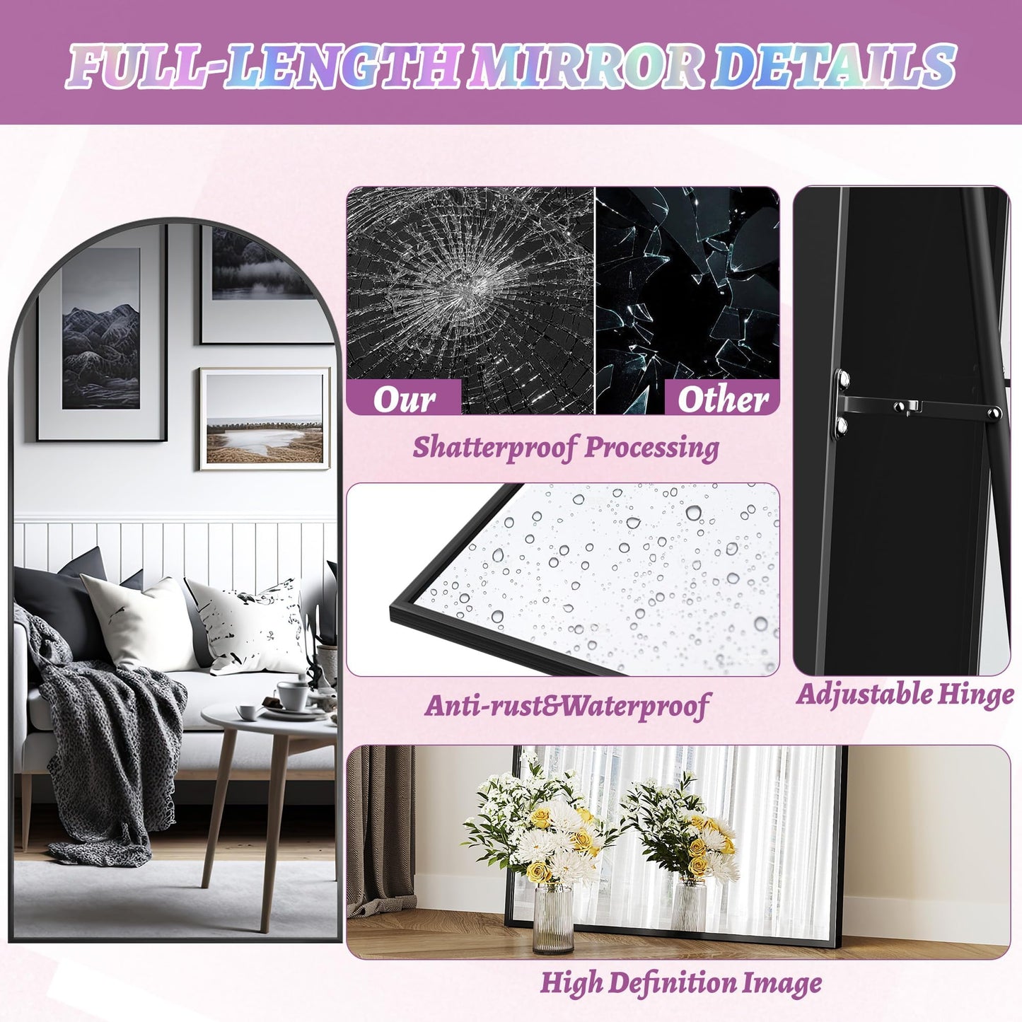 Full Length Mirror, 76"x34" Arched Floor Mirror Freestanding, Floor Standing Full Body Mirror with Stand for Bedroom, Hanging Mounted for Living Room Cloakroom, Black