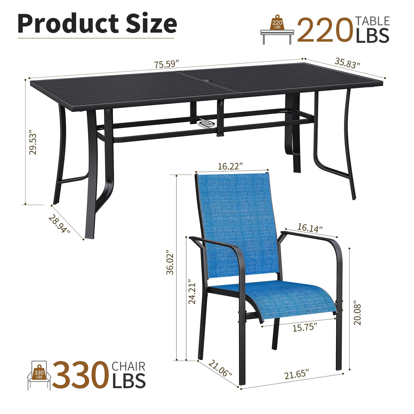 9-Piece Outdoor Patio Dining Set with 8 Swivel Rocker Chairs, Rectangular Metal Table with Umbrella Hole, 8-Person Patio Table and Chairs for Backyard, Poolside, Balcony and Garden Grey