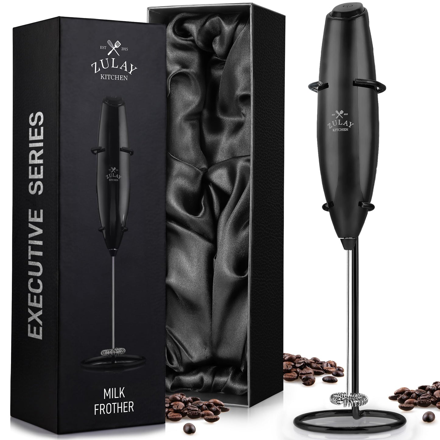 Zulay Double Whisk Milk Frother Handheld Mixer - High Powered Frother For Coffee With Improved Motor - Milk Frother Electric Whisk Drink Mixer For Cappuccino, Frappe, Matcha, Twin Whisk - Black/Copper