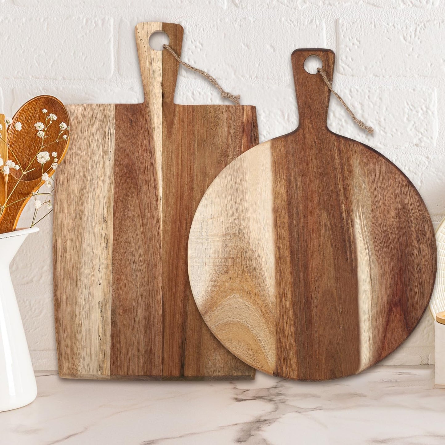 Hsei 2 Pcs Acacia Wood Cutting Board with Handle Wooden Charcuterie Board Large Paddle Carving Chopping Set Butter Serving Tray for Cheese Meat Fruit Pizza Bread Baking(Classic Handle)