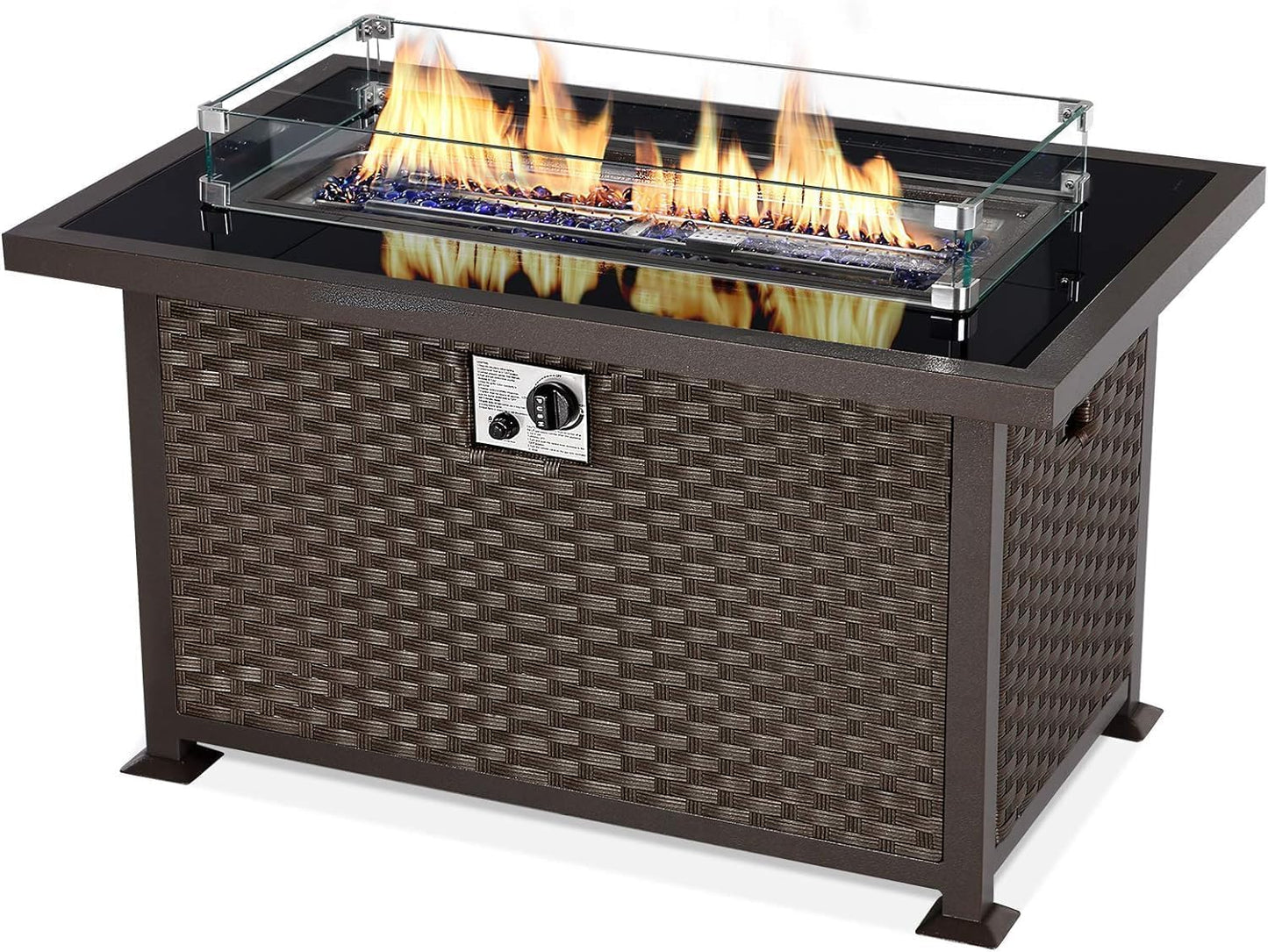 U-MAX 44in Outdoor Propane Gas Fire Pit Table, 50,000 BTU Auto-Ignition Gas Firepit with Glass Wind Guard, Black Tempered Glass Tabletop & Blue Glass Rock, Brown PE Rattan, CSA Certification