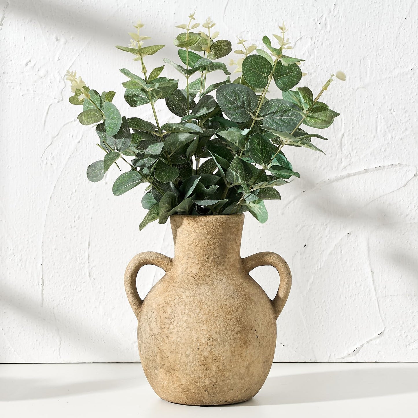 SIDUCAL Rustic Ceramic Farmhouse Flower Vase with 2 Handles, Whitewashed Terra Cotta Vase, Decorative Pottery Flower for Home Decor, Table, Living Room, Shelf Decor, 7.3 Inch, Terra