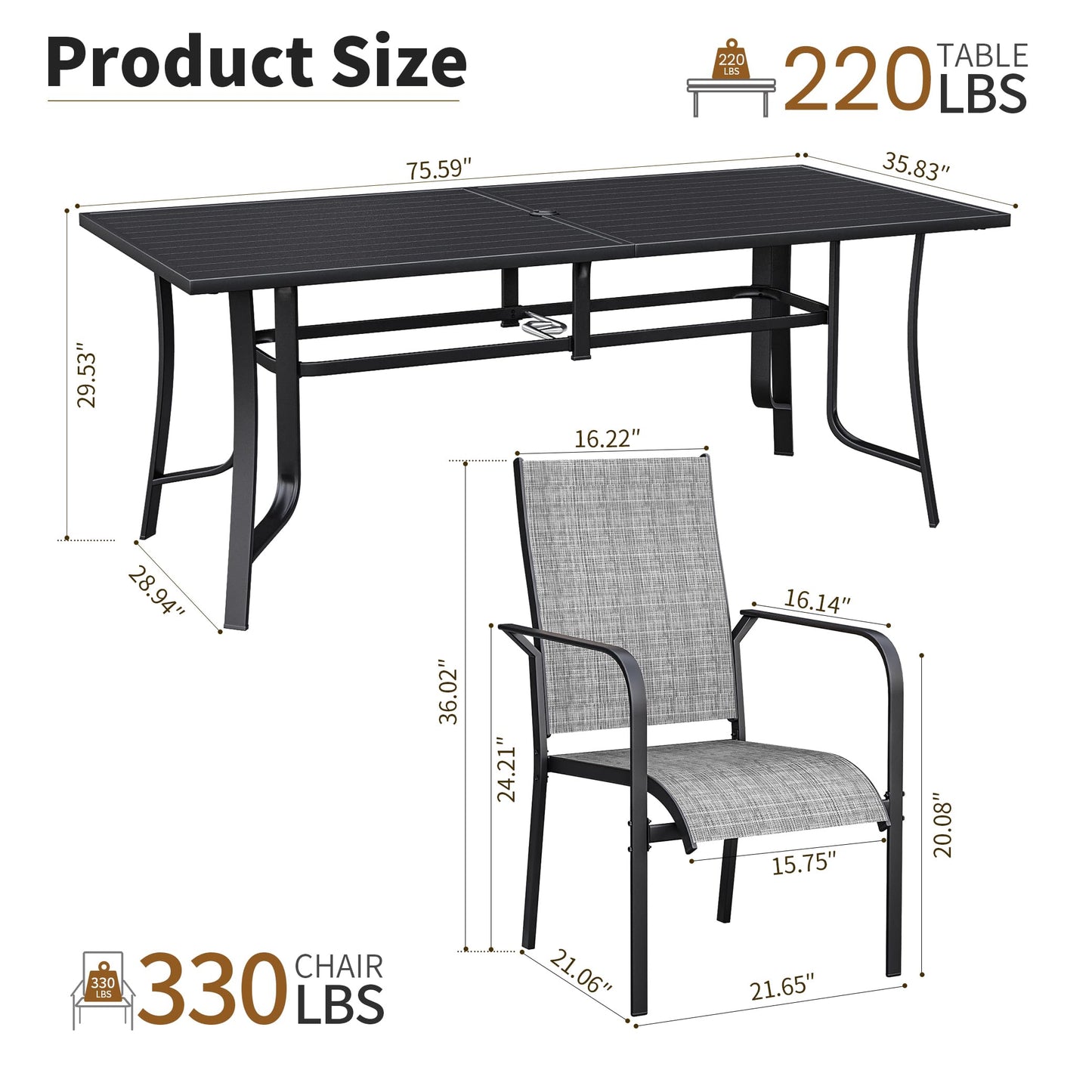 9-Piece Outdoor Patio Dining Set with 8 Swivel Rocker Chairs, Rectangular Metal Table with Umbrella Hole, 8-Person Patio Table and Chairs for Backyard, Poolside, Balcony and Garden Grey